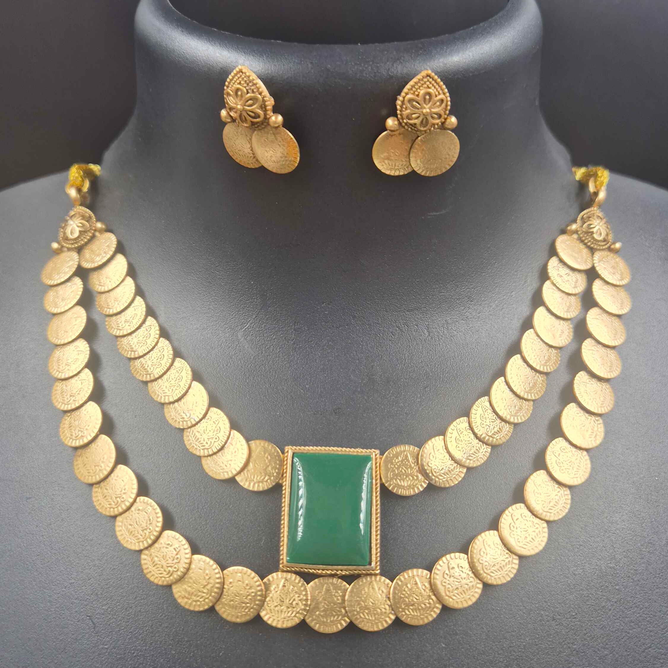 Antique Gold Coin Layered Necklace Set with Emerald Green Statement Stone & Matching Earrings