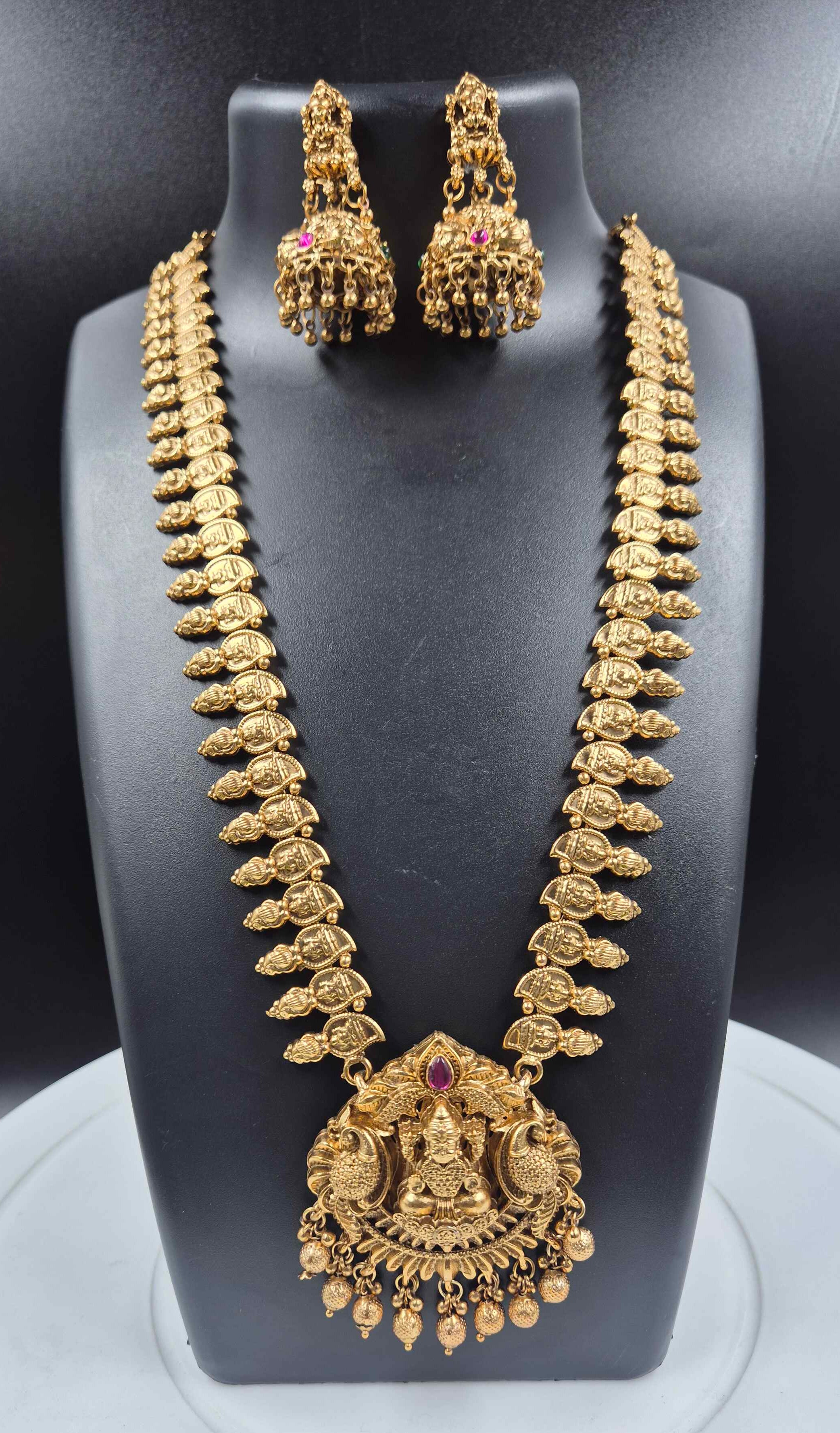 Traditional Temple Lakshmi mango Long Haram Necklace Set with Jhumka Earrings | Antique Gold Bridal Jewelry
