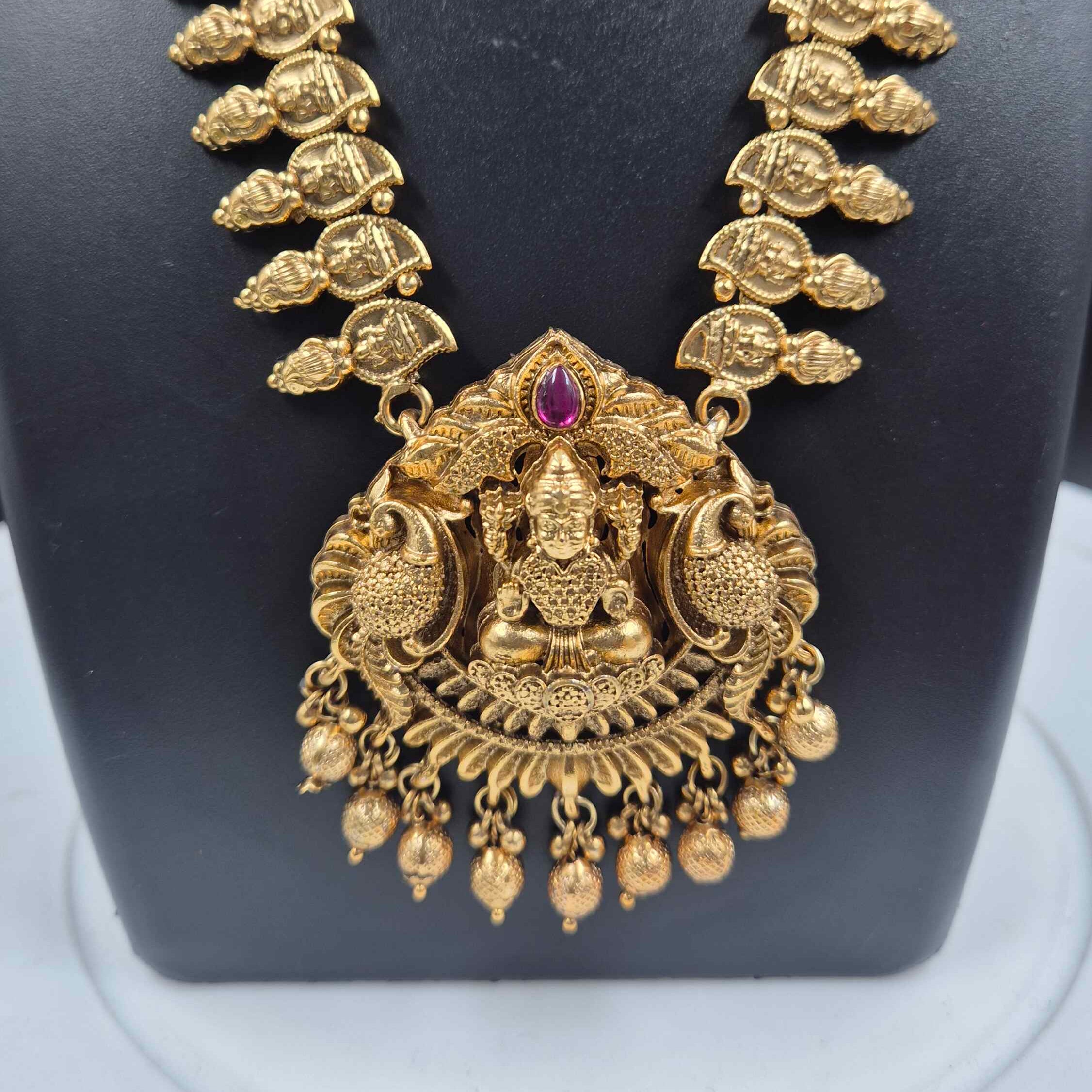 Traditional Temple Lakshmi mango Long Haram Necklace Set with Jhumka Earrings | Antique Gold Bridal Jewelry