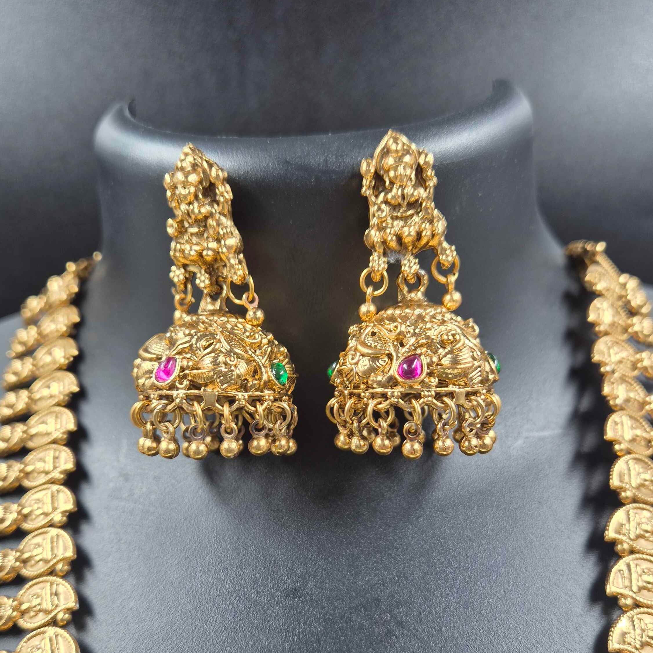 Traditional Temple Lakshmi mango Long Haram Necklace Set with Jhumka Earrings | Antique Gold Bridal Jewelry