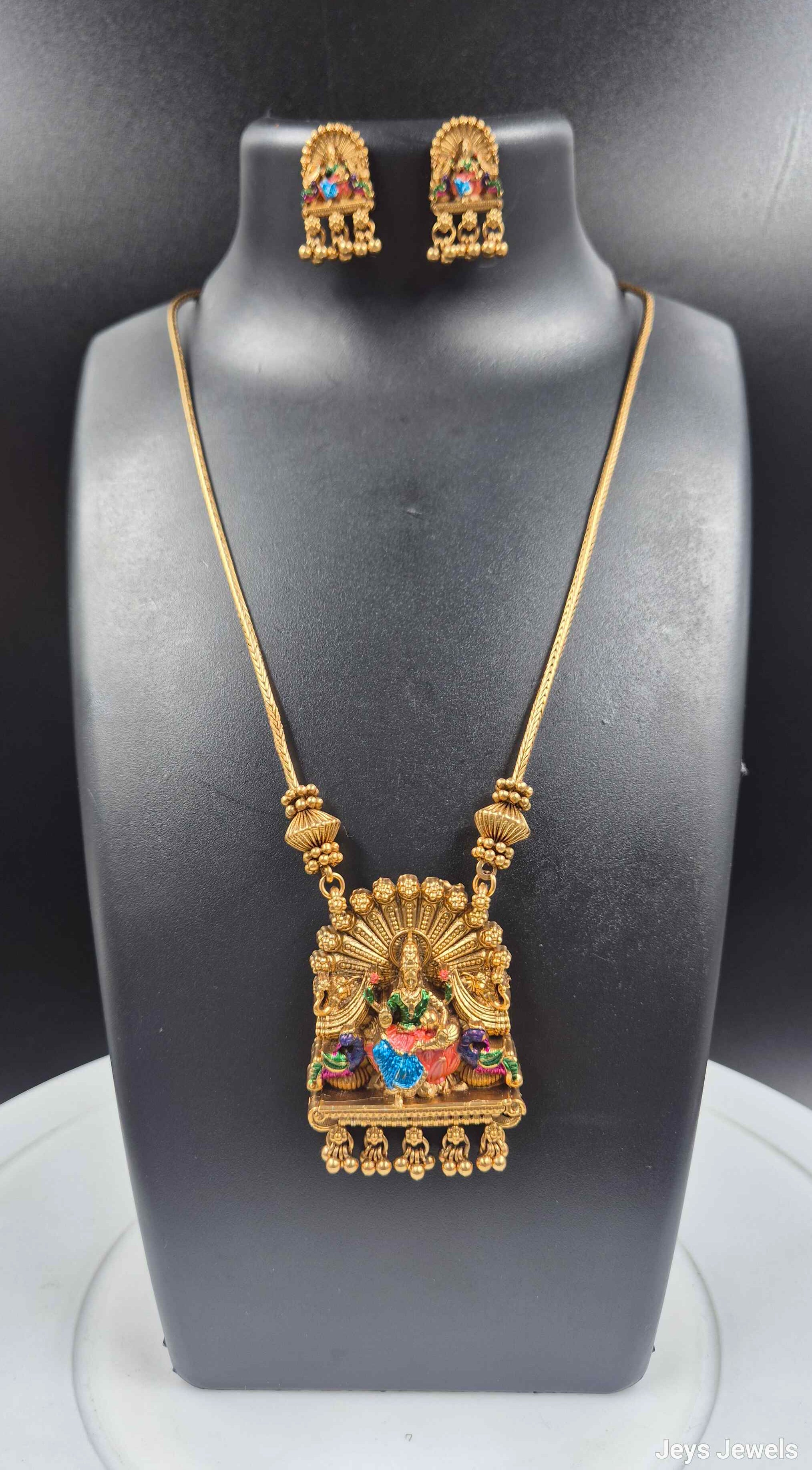 Traditional Lakshmi Temple Pendant Necklace Set with Multicolor Enamel & Stud Earrings | Antique Gold Jewelry
