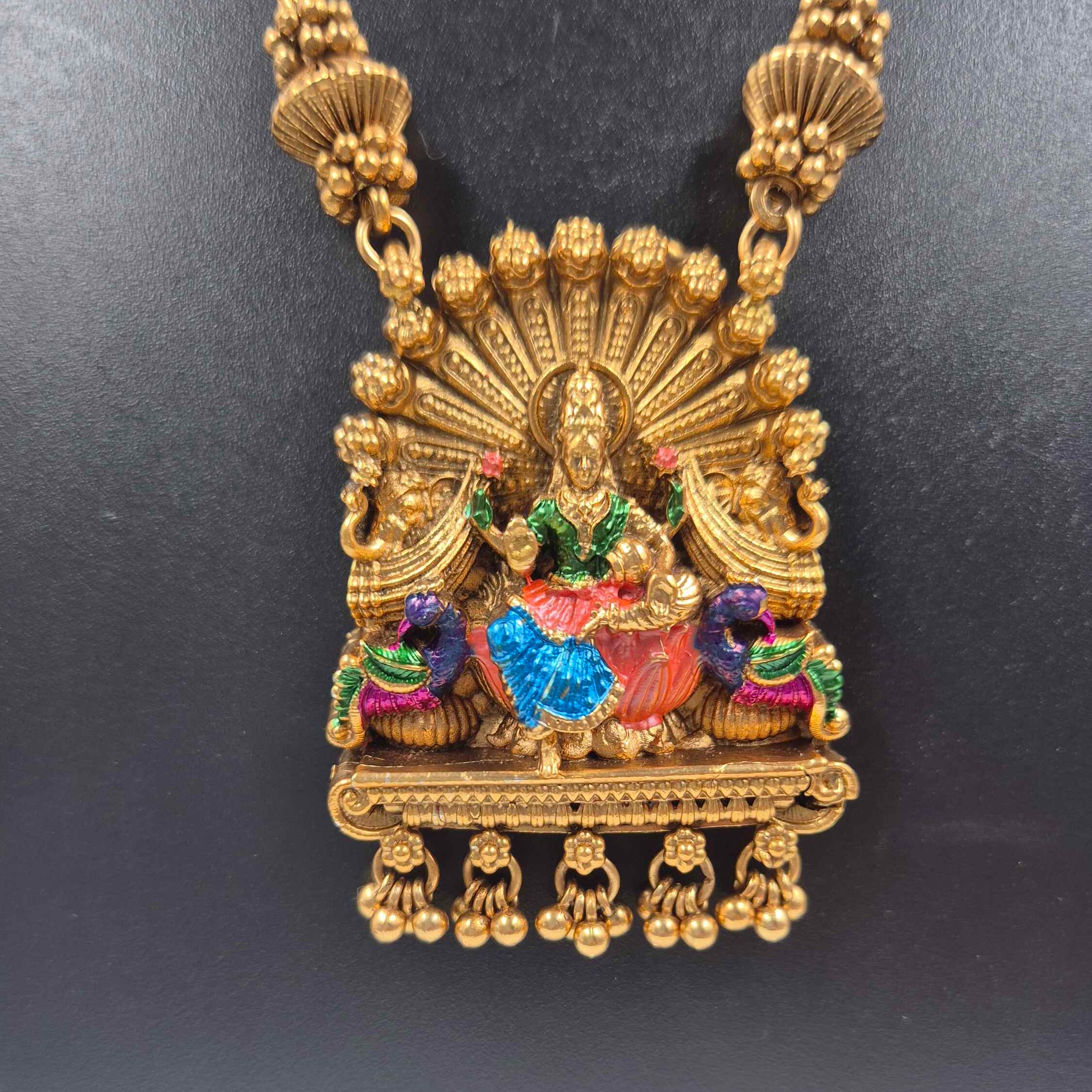 Traditional Lakshmi Temple Pendant Necklace Set with Multicolor Enamel & Stud Earrings | Antique Gold Jewelry