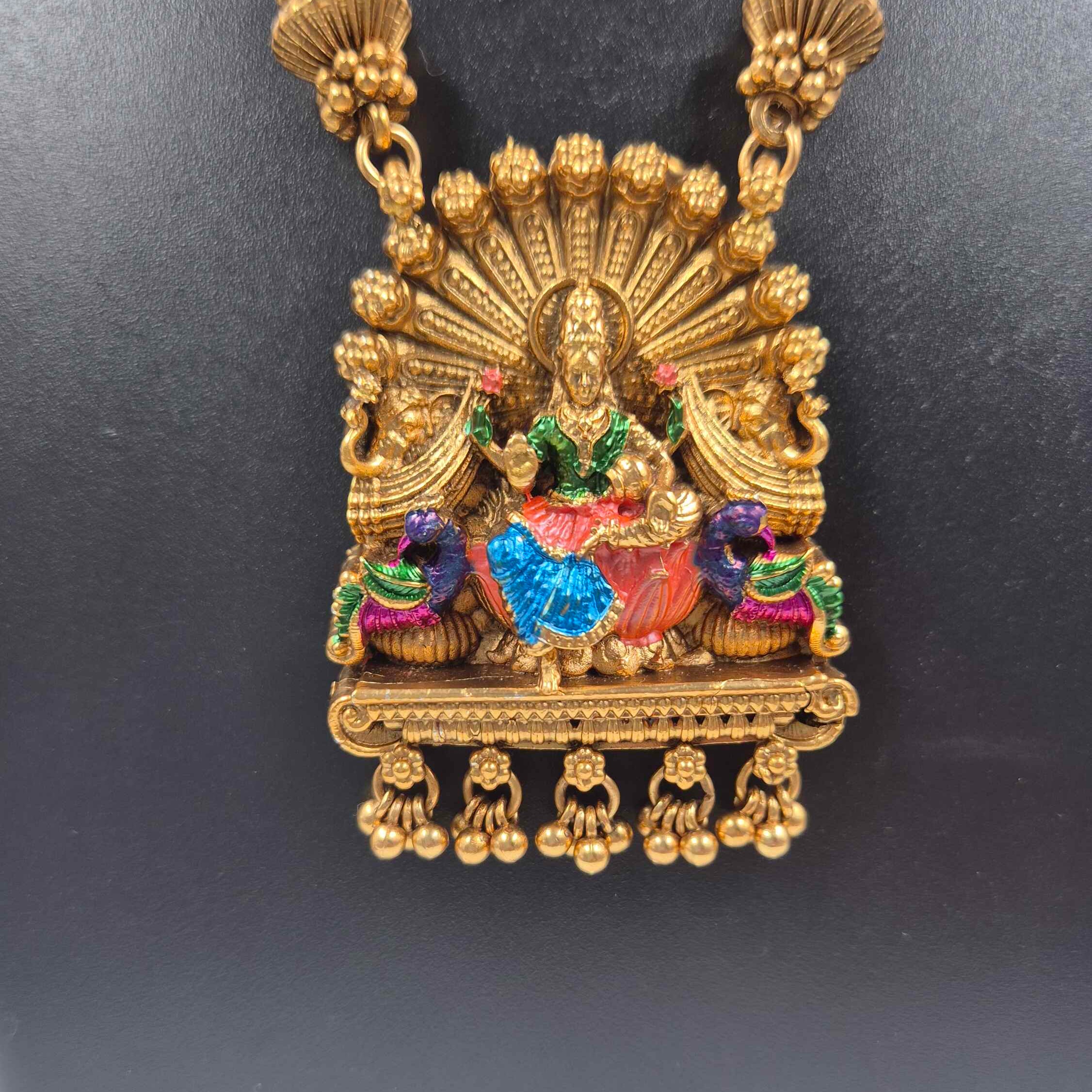 Antique Gold Finish Lakshmi Peacock Pendant Necklace Set