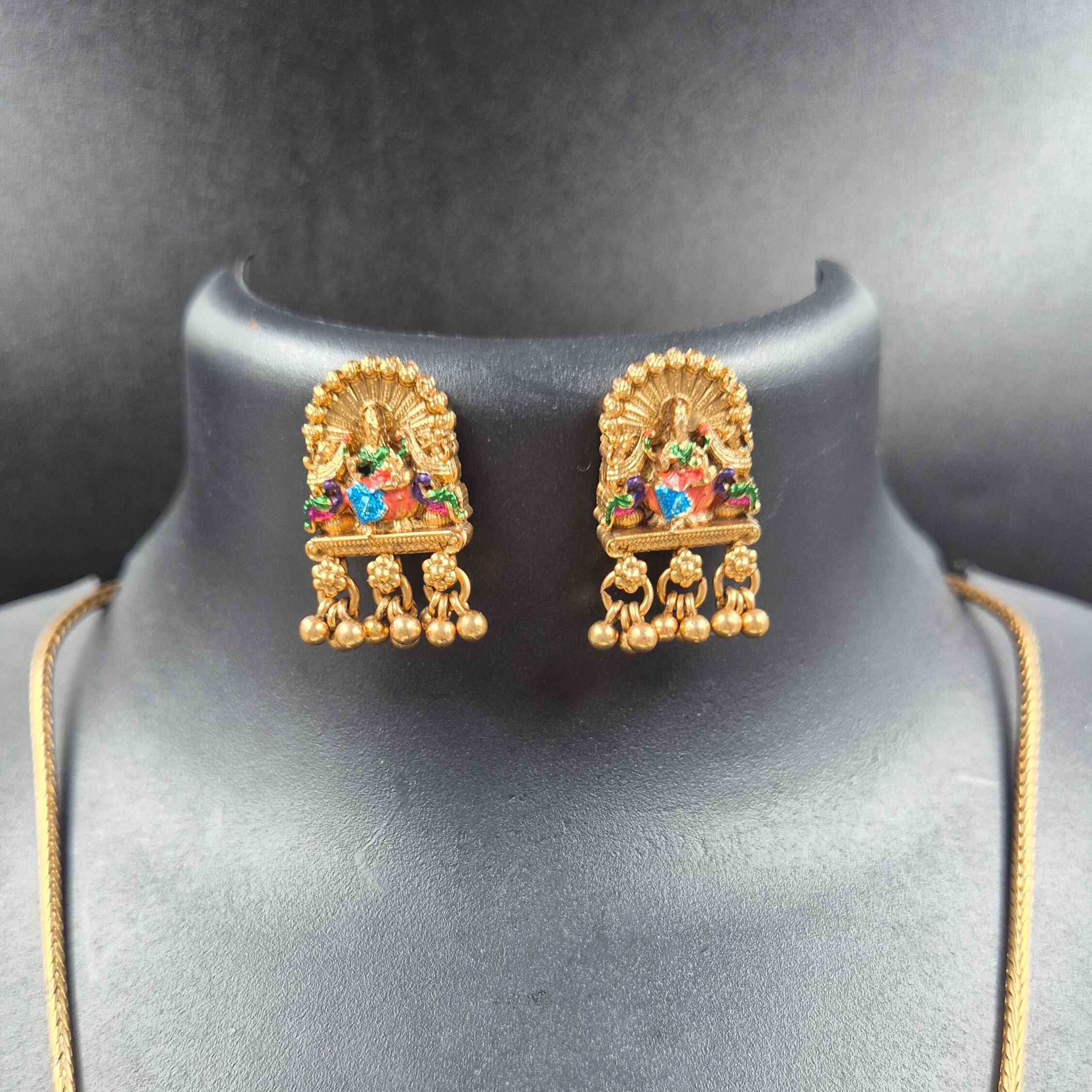 Traditional Lakshmi Temple Pendant Necklace Set with Multicolor Enamel & Stud Earrings | Antique Gold Jewelry