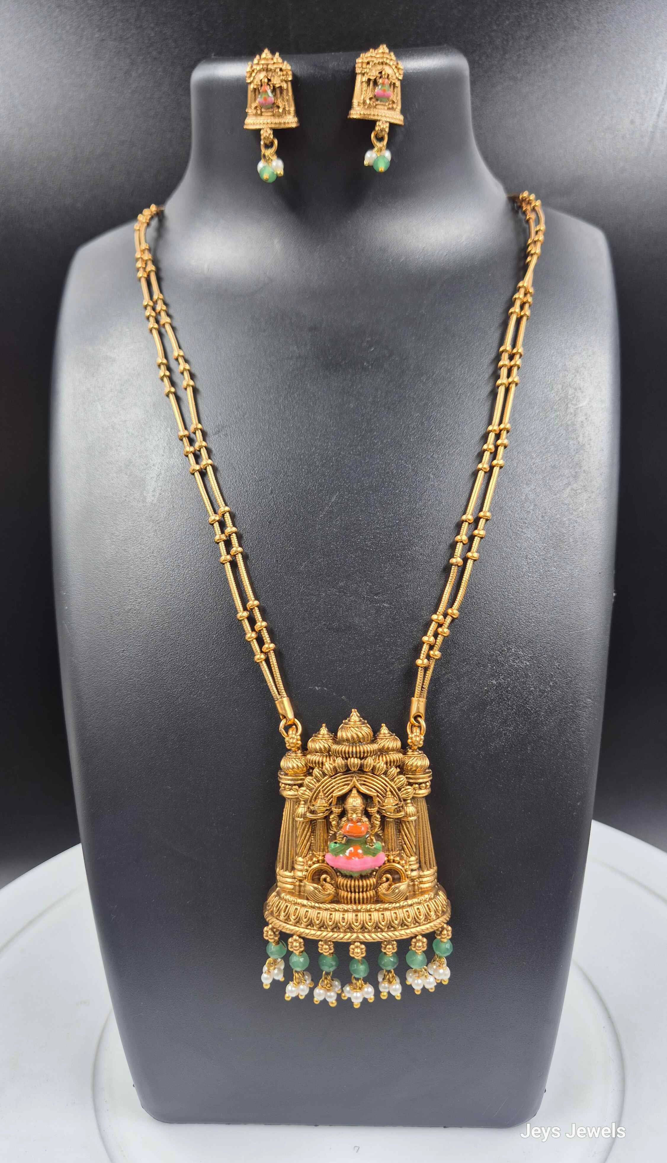 Antique Gold Temple Pendant Necklace Set with Green Bead Drops & Matching Earrings