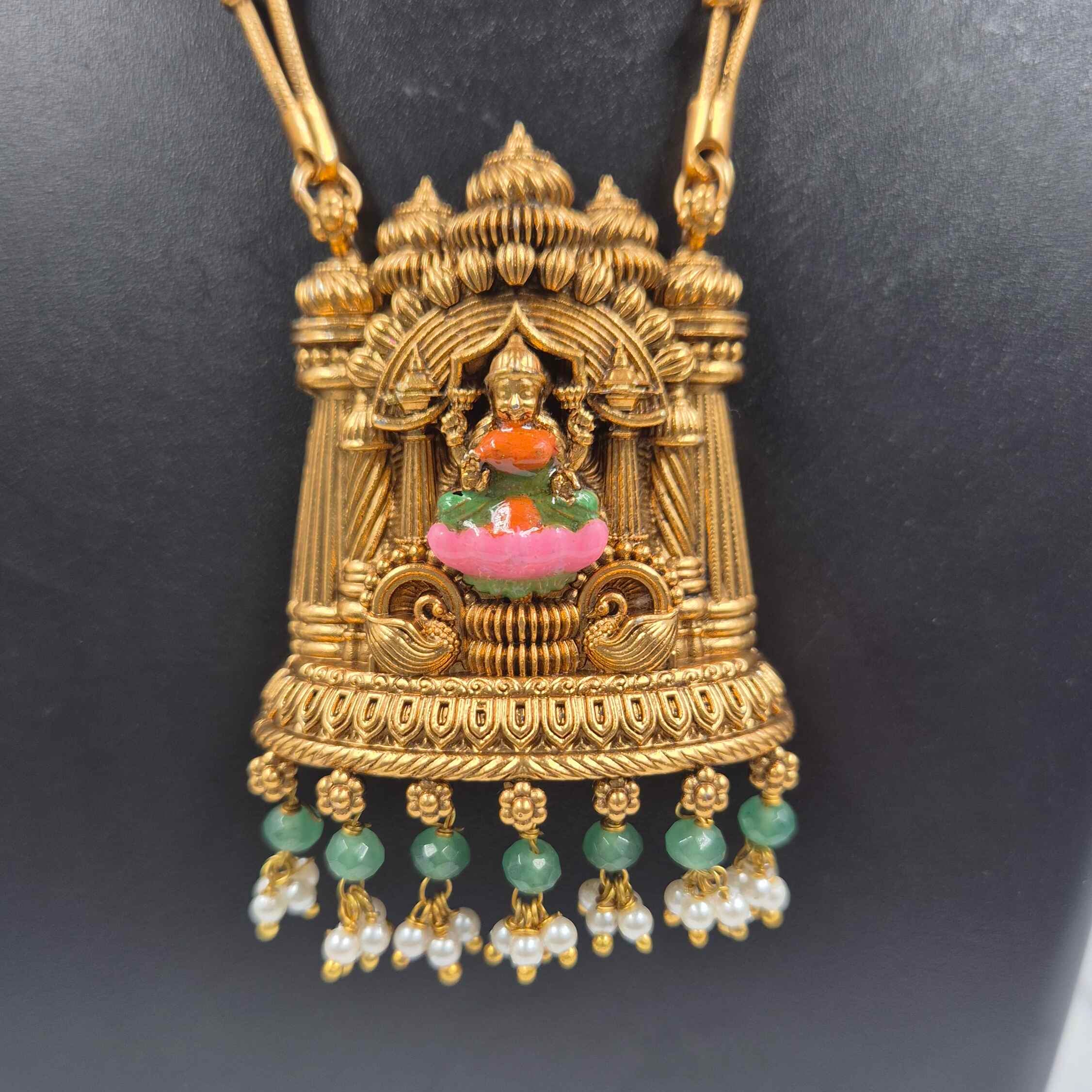 Antique Gold Temple Pendant Necklace Set with Green Bead Drops & Matching Earrings
