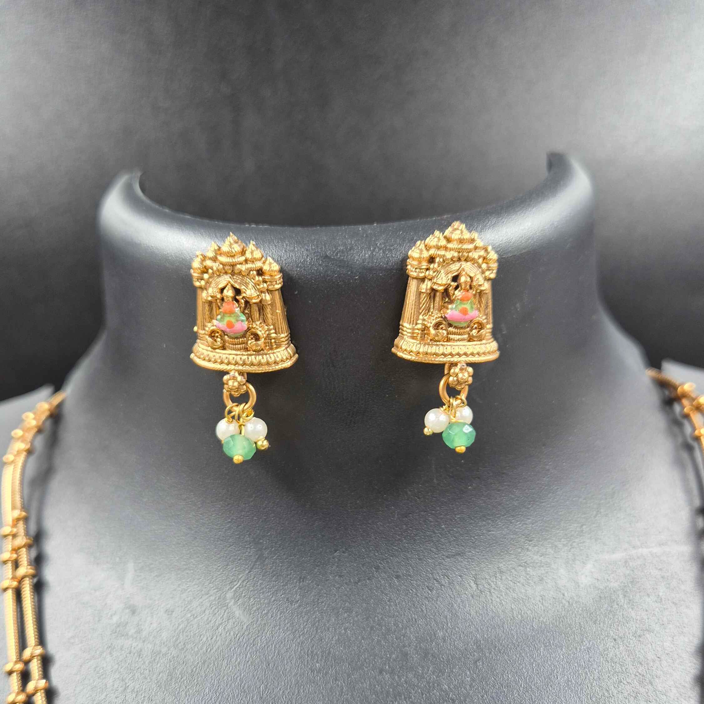 Antique Gold Temple Pendant Necklace Set with Green Bead Drops & Matching Earrings