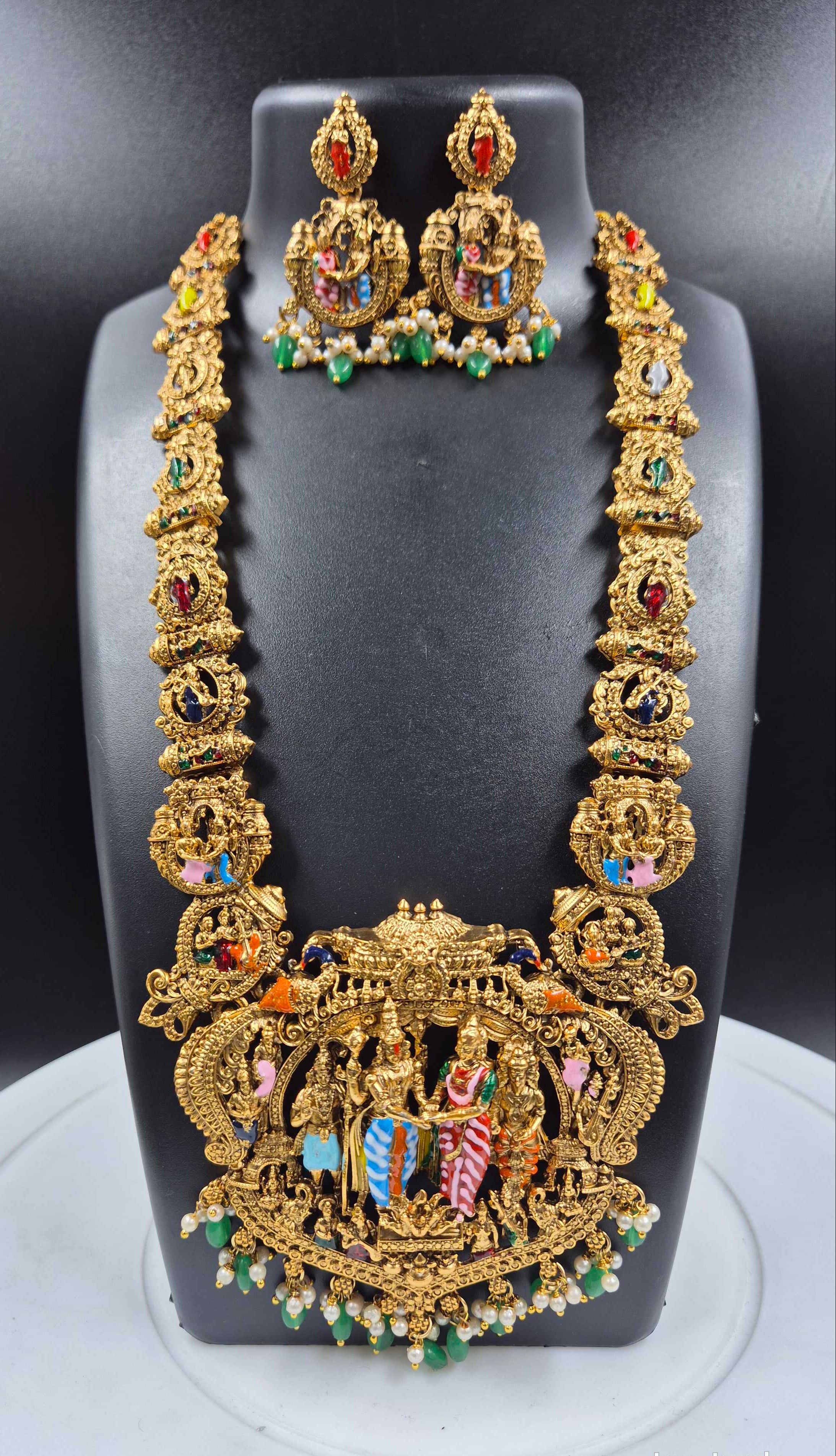 Grand Temple Srinivasa kalyanam Haram  Set with Divine Wedding Pendant & Jhumka Earrings