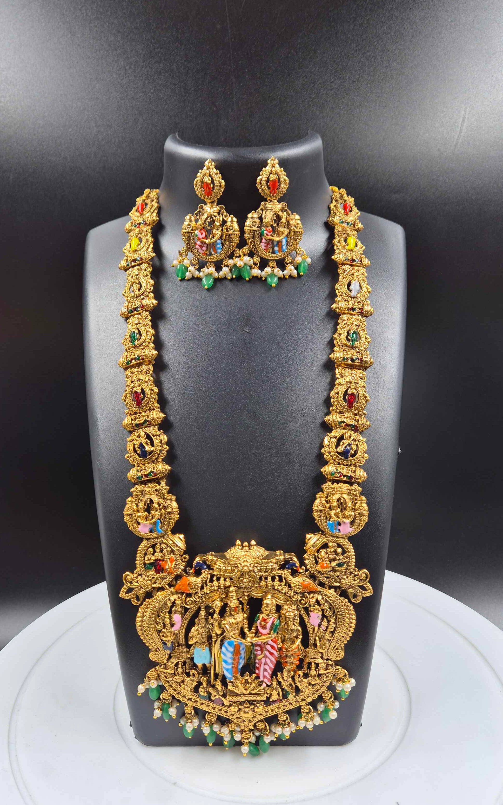 Grand Temple Srinivasa kalyanam Haram  Set with Divine Wedding Pendant & Jhumka Earrings