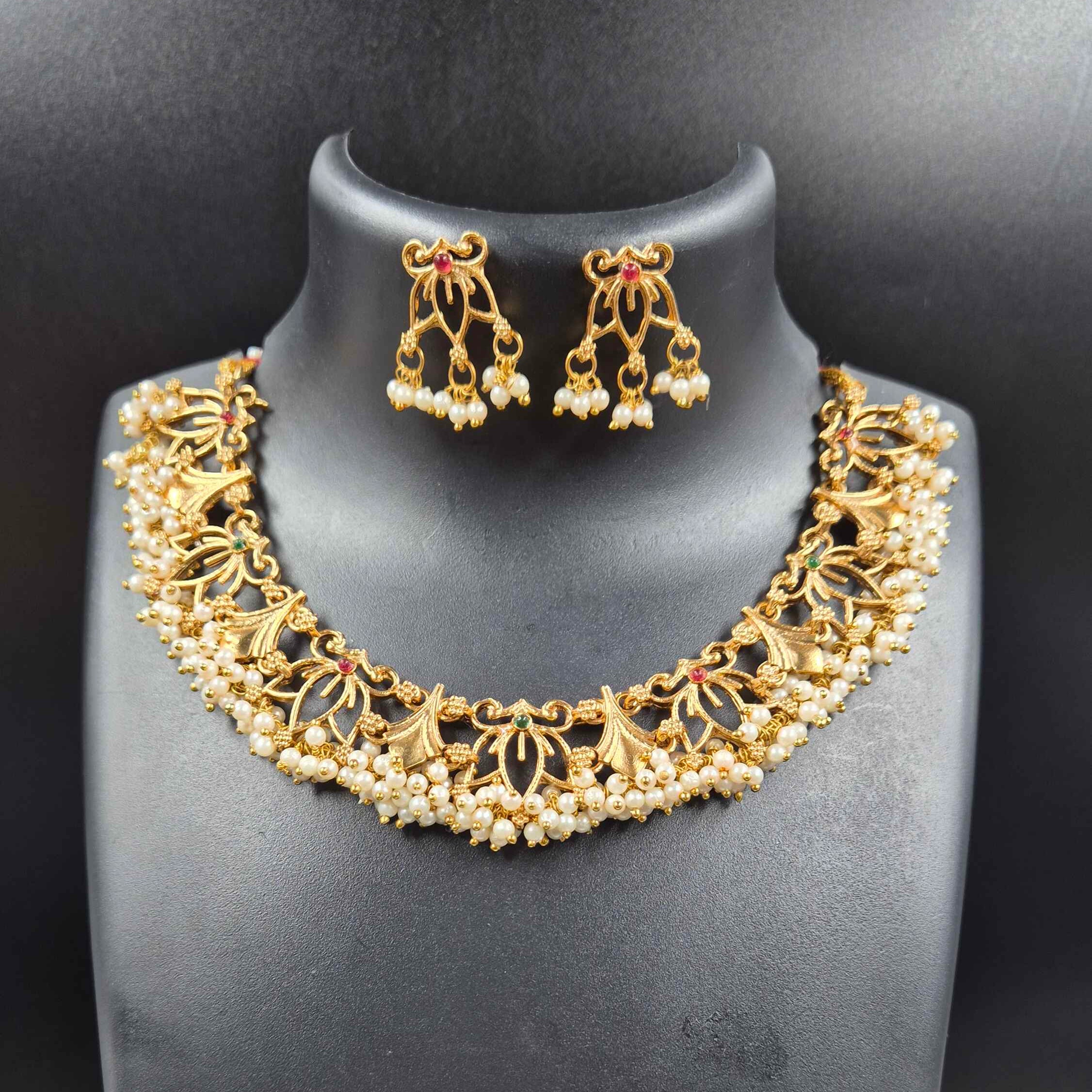Antique Gold Pearl Choker Necklace Set with Pearl Drop Earrings | Traditional Bridal Jewelry