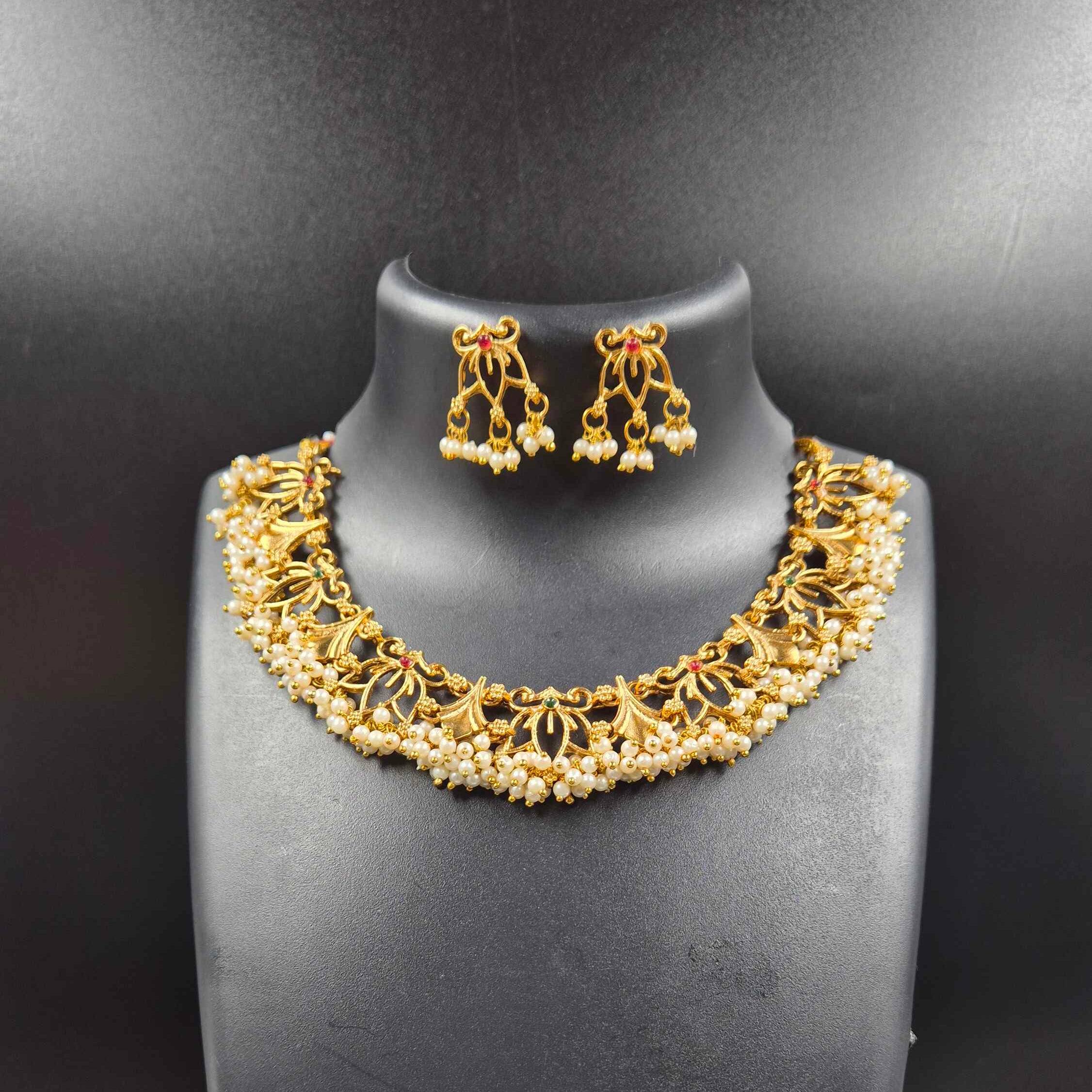 Antique Gold Pearl Choker Necklace Set with Pearl Drop Earrings | Traditional Bridal Jewelry