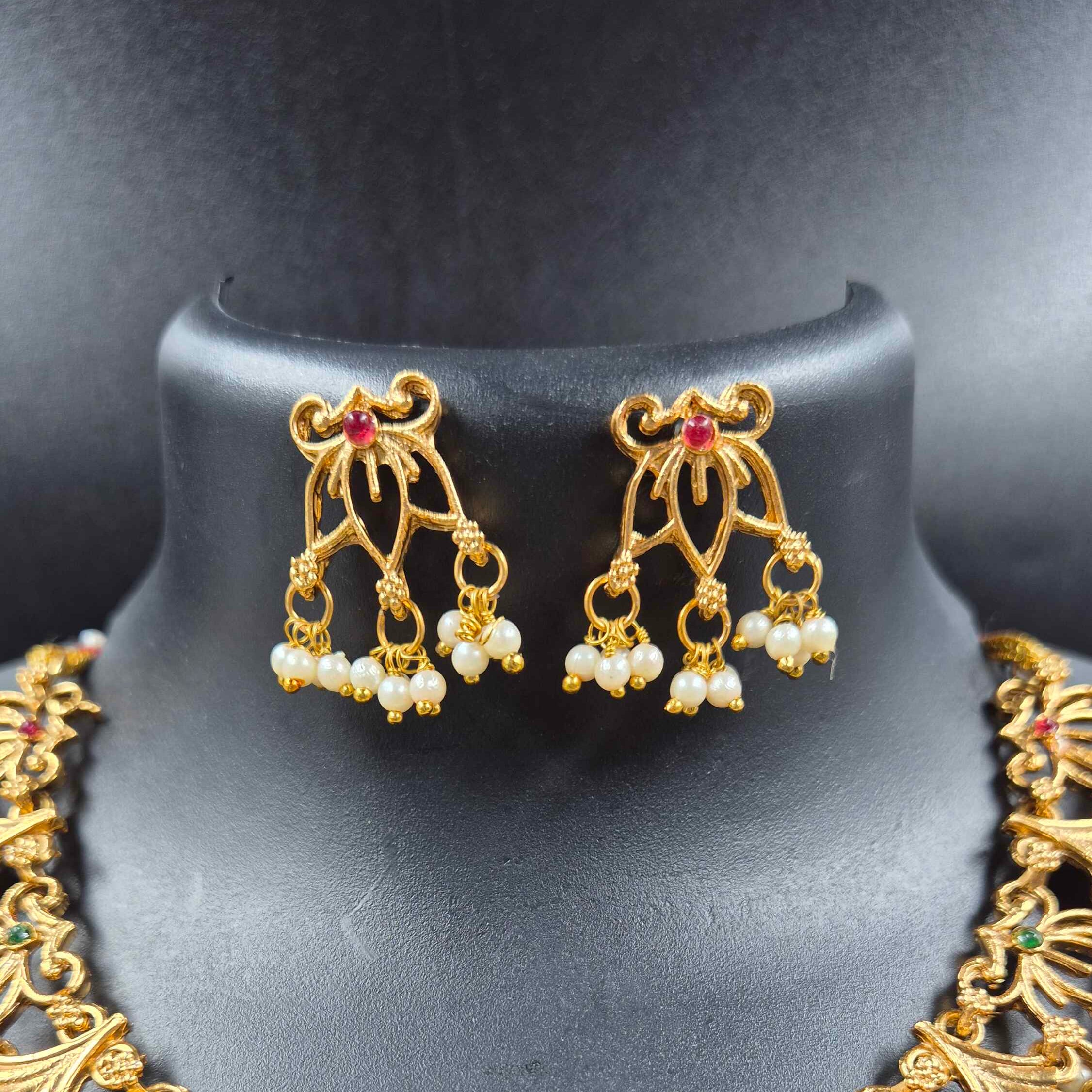 Antique Gold Pearl Choker Necklace Set with Pearl Drop Earrings | Traditional Bridal Jewelry