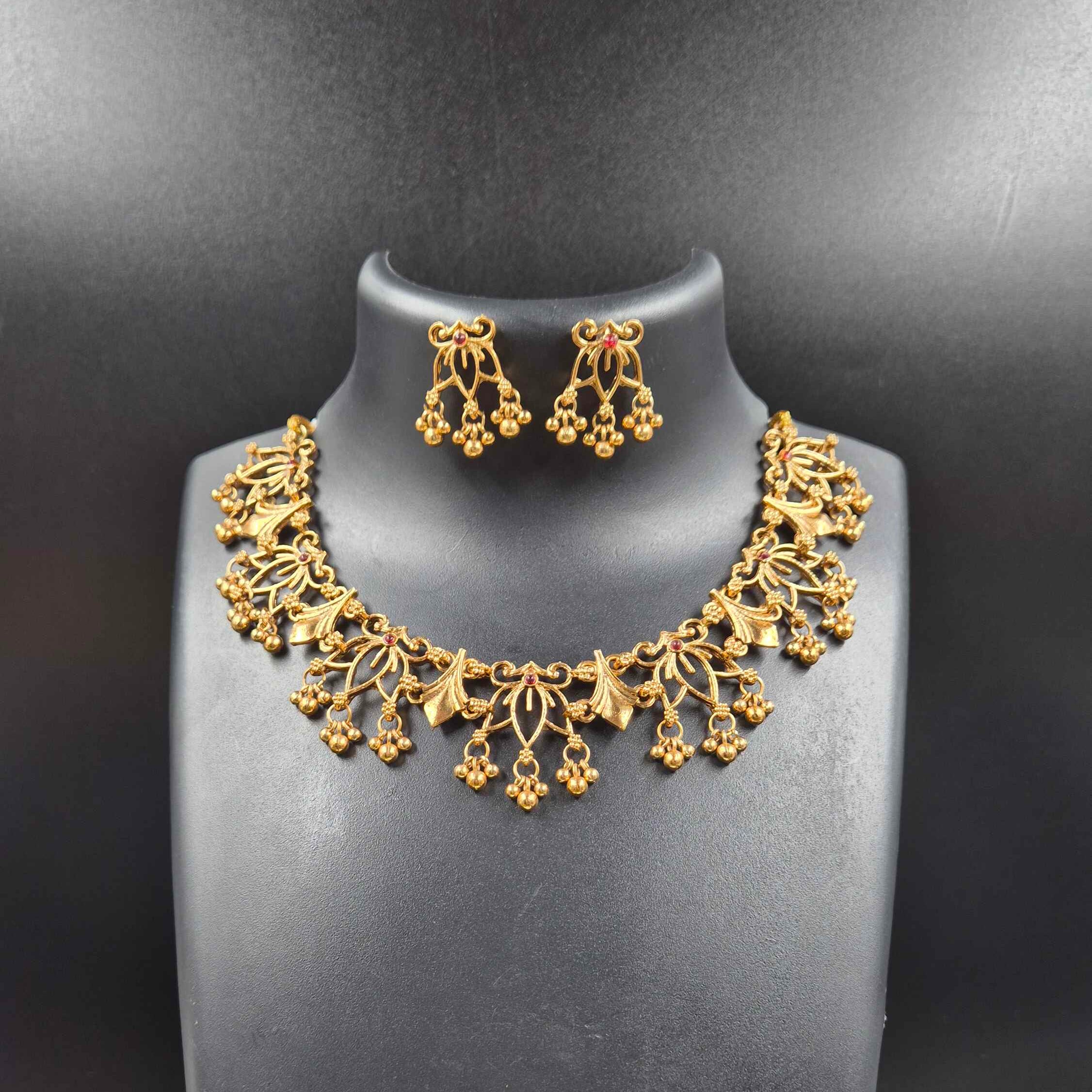Antique Gold Floral Choker Necklace Set with Dangling Beads & Matching Earrings