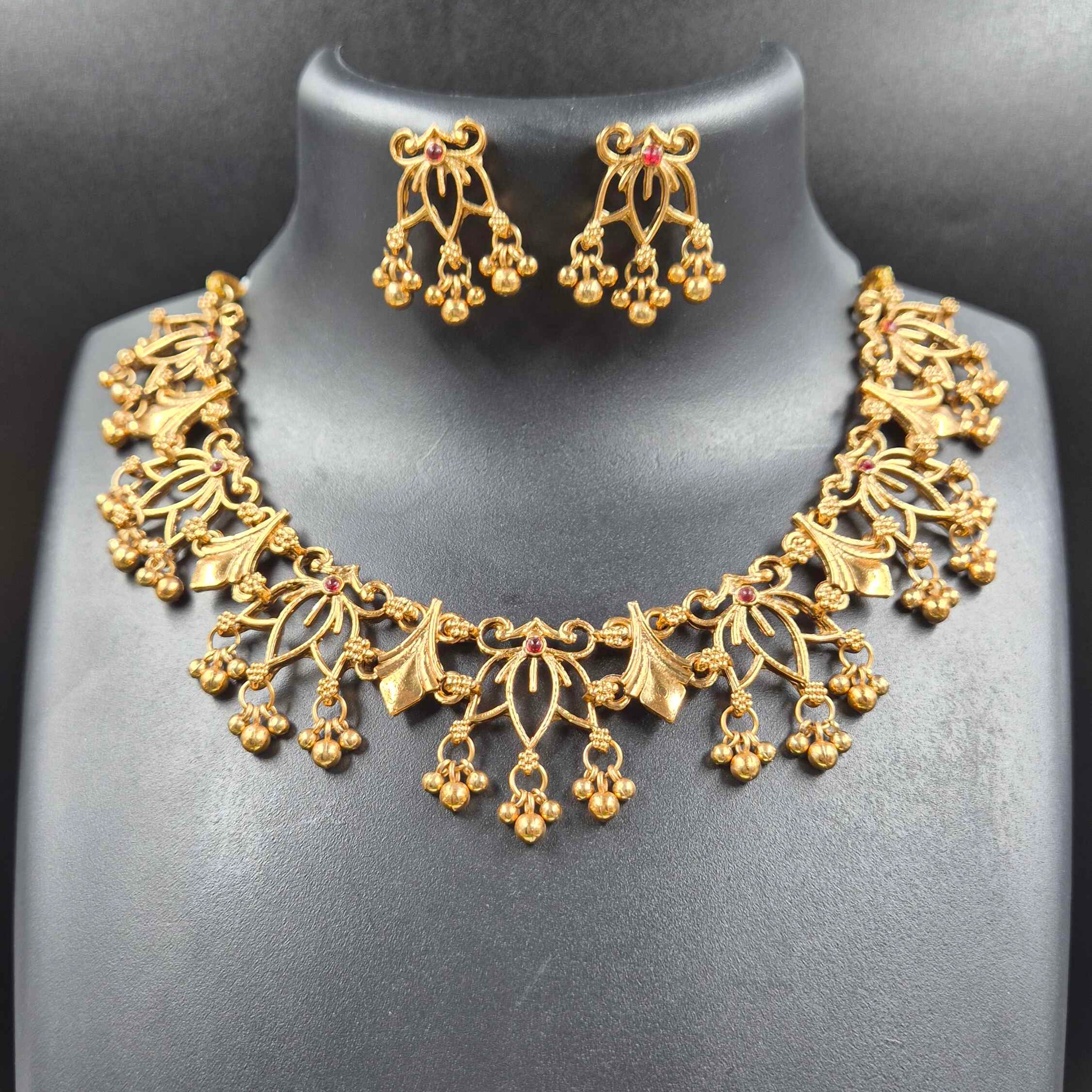 Antique Gold Floral Choker Necklace Set with Dangling Beads & Matching Earrings