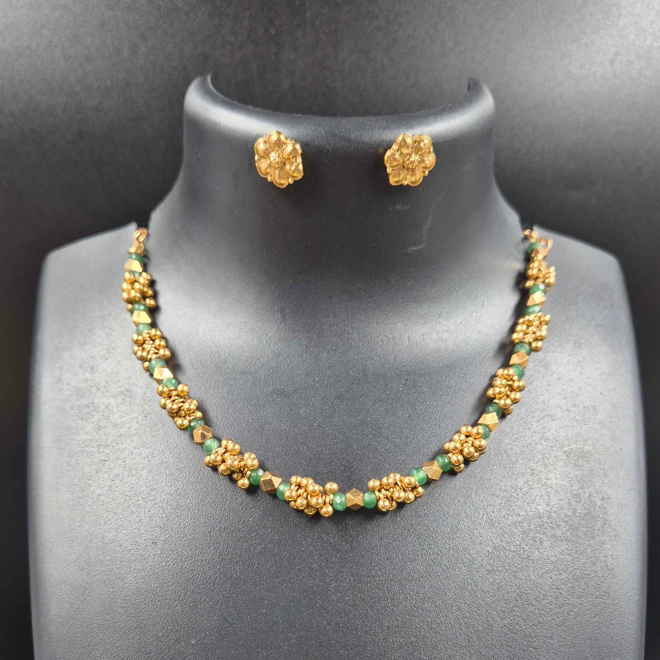 Antique Gold and Green Beaded Short Necklace Set with Floral Stud Earrings