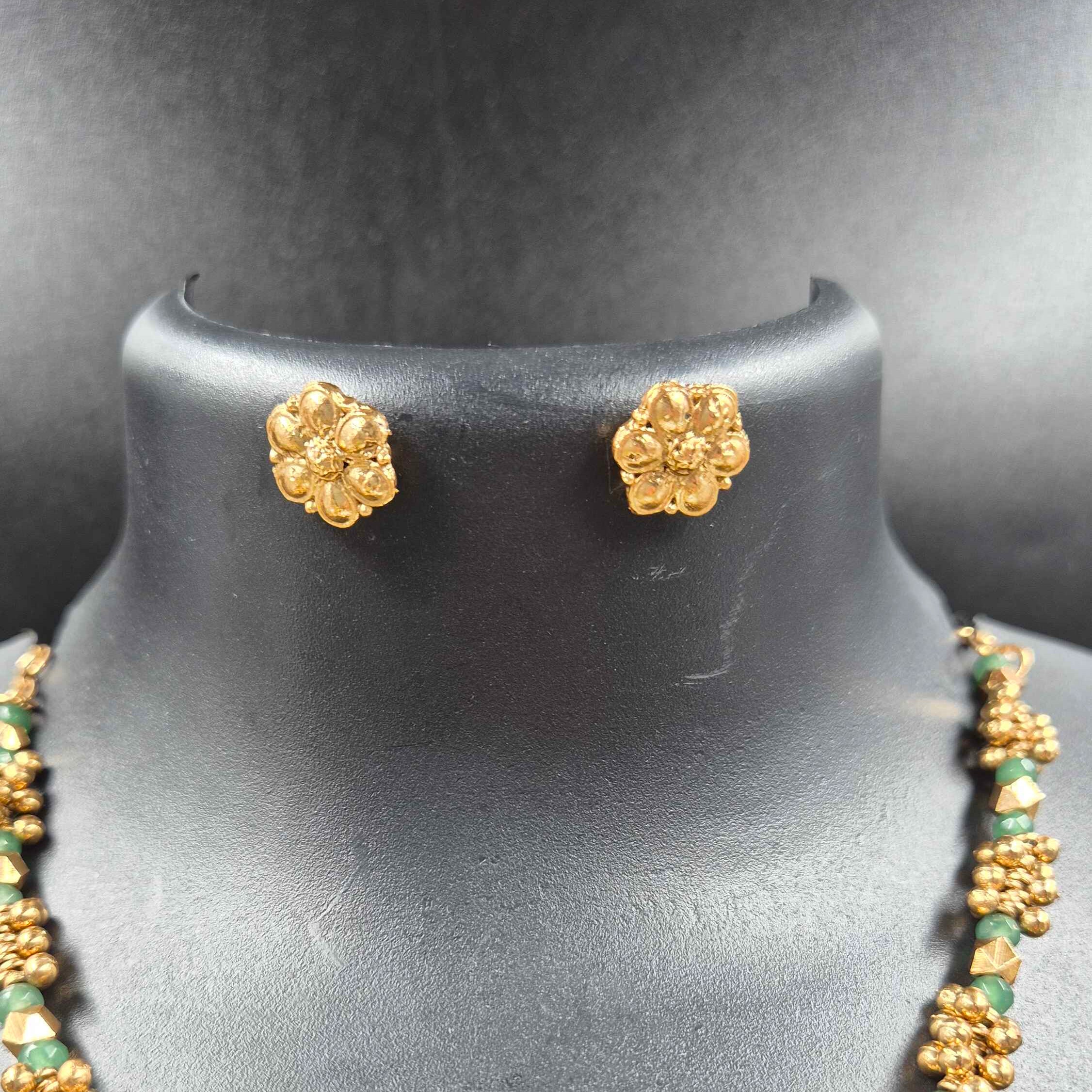 Antique Gold and Green Beaded Short Necklace Set with Floral Stud Earrings