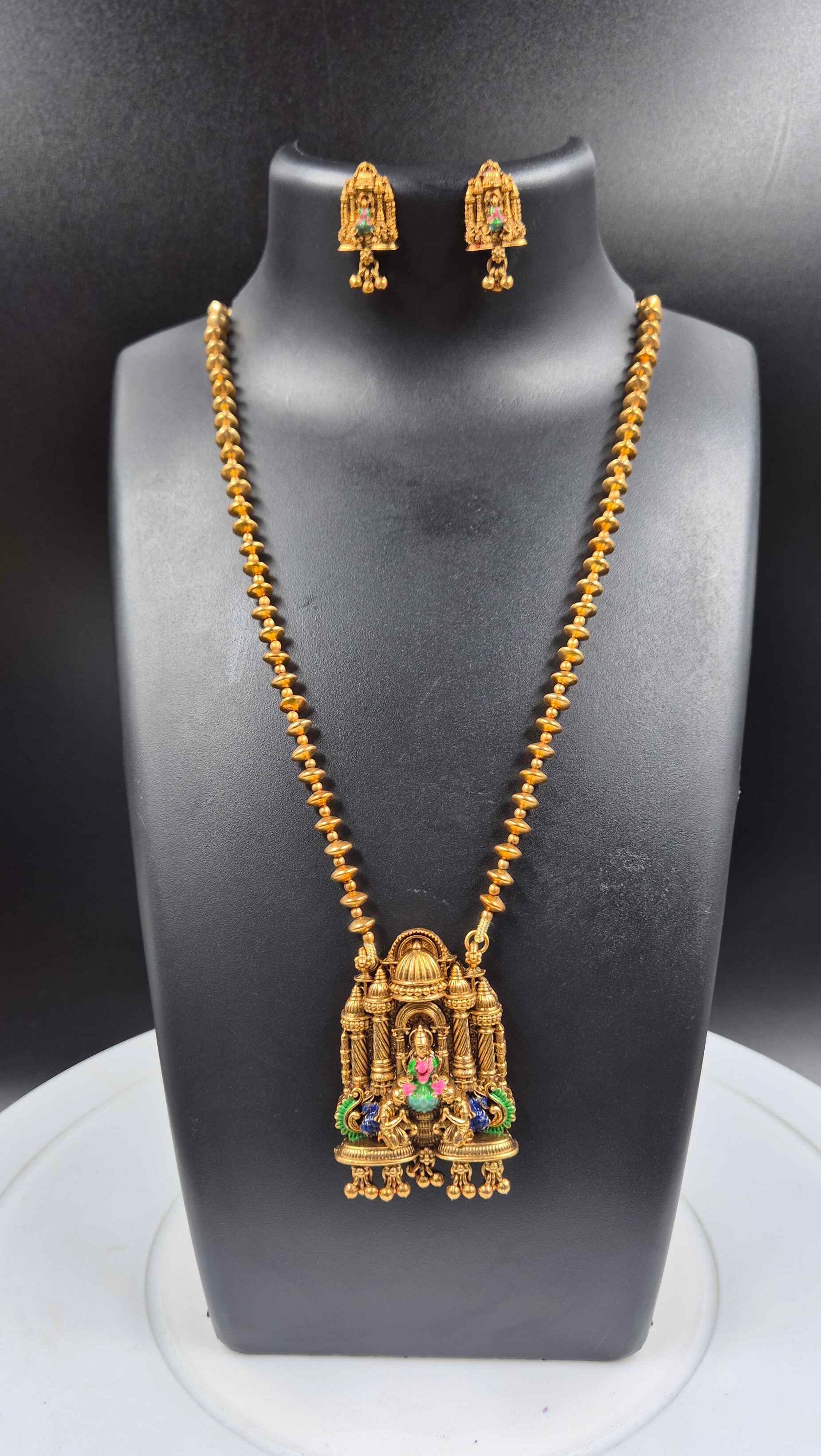 Antique Gold Temple Pendant Necklace Set with Goddess Motif & Matching Earrings