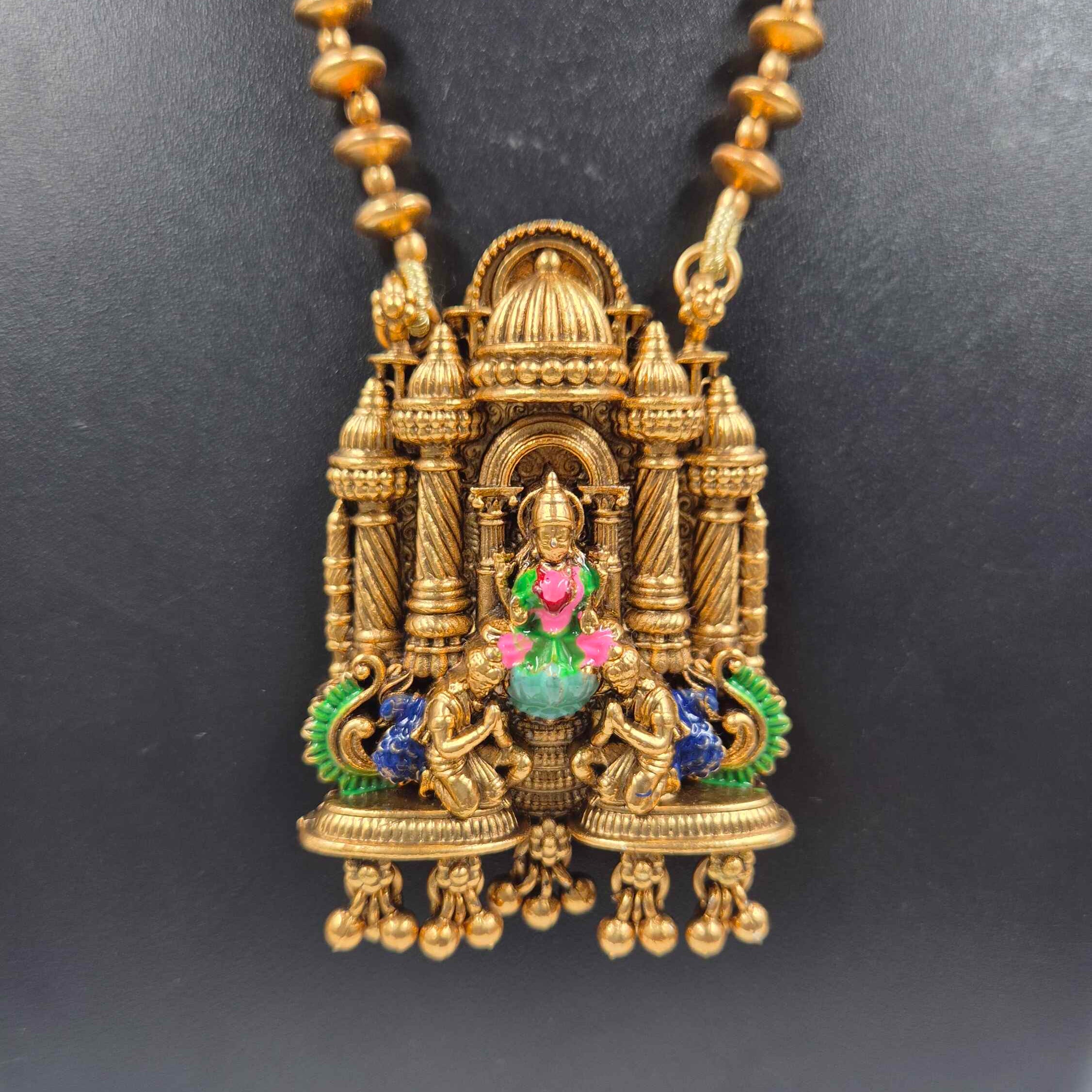 Antique Gold Temple Pendant Necklace Set with Goddess Motif & Matching Earrings