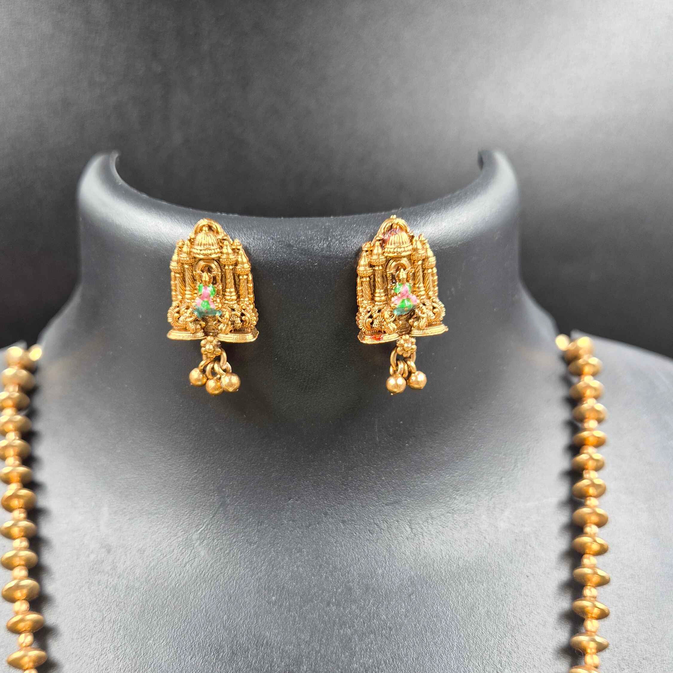 Antique Gold Temple Pendant Necklace Set with Goddess Motif & Matching Earrings