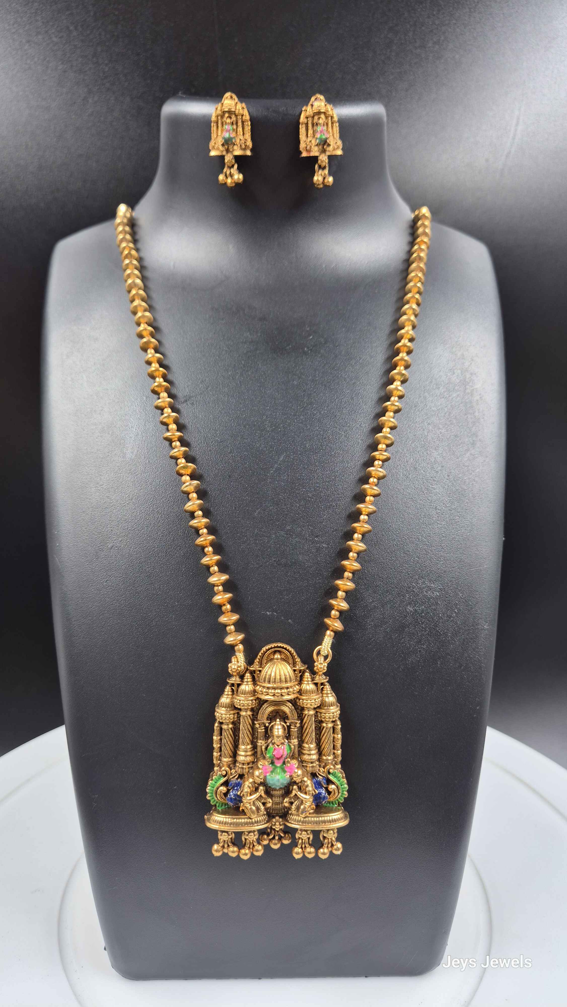Antique Gold Temple Pendant Necklace Set with Goddess Motif & Matching Earrings