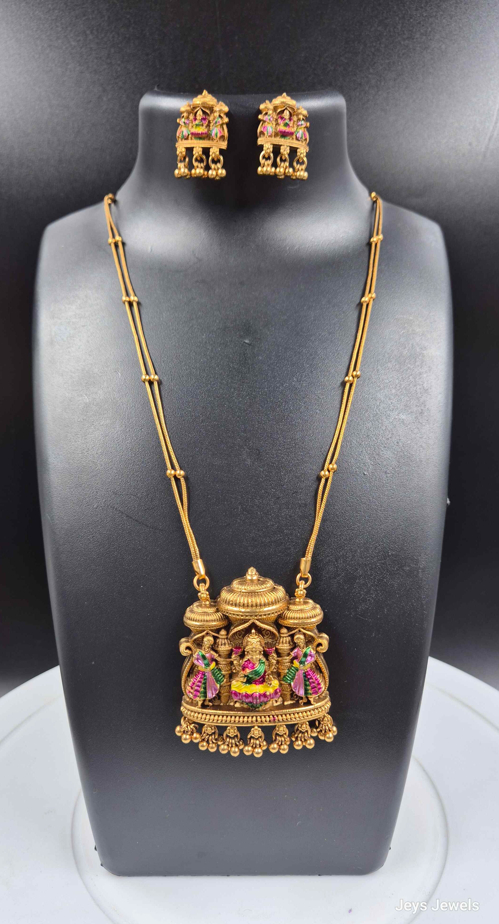 Antique Gold Temple Pendant Necklace Set with Multicolor Goddess Motif & Matching Jhumka Earrings