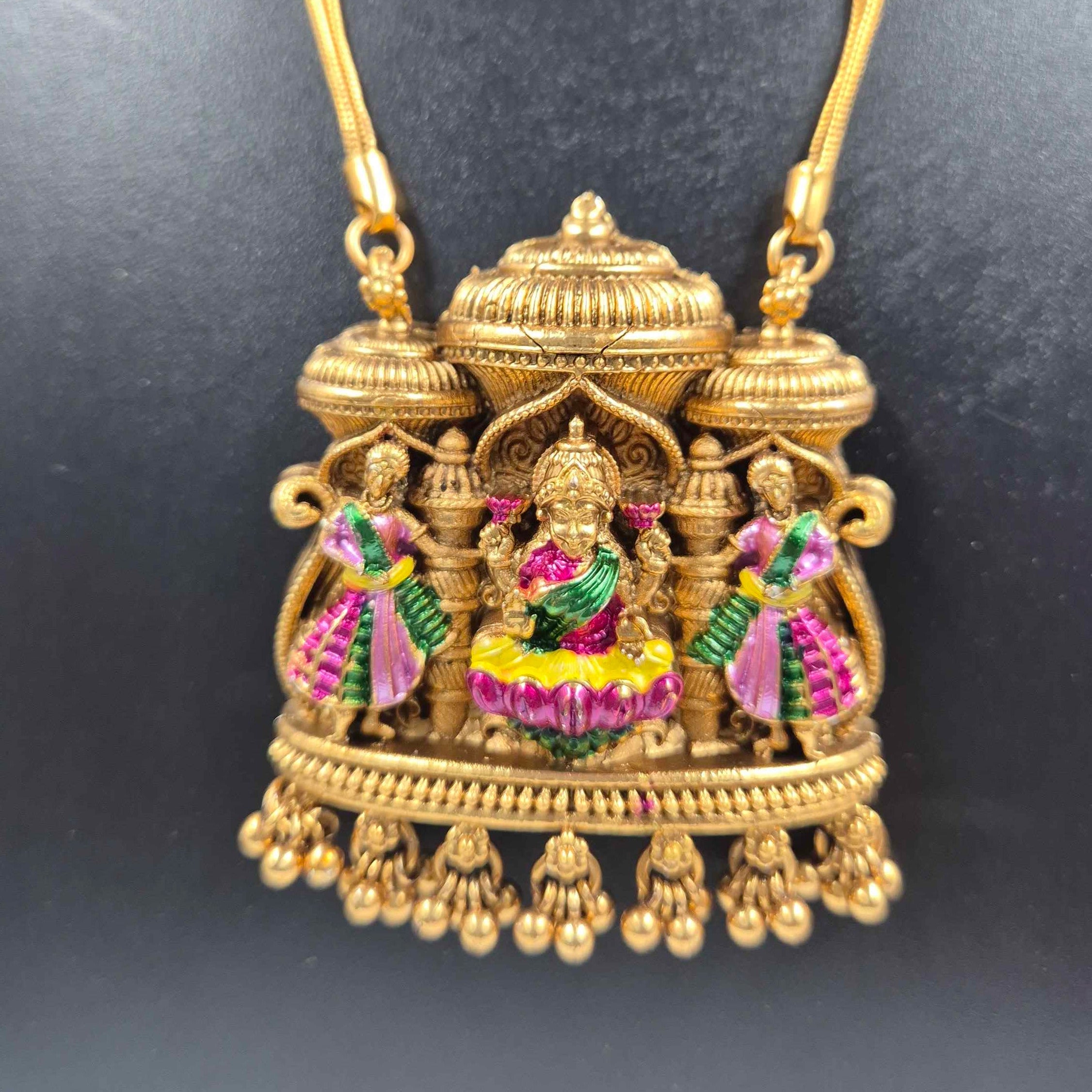 Antique Gold Temple Pendant Necklace Set with Multicolor Goddess Motif & Matching Jhumka Earrings