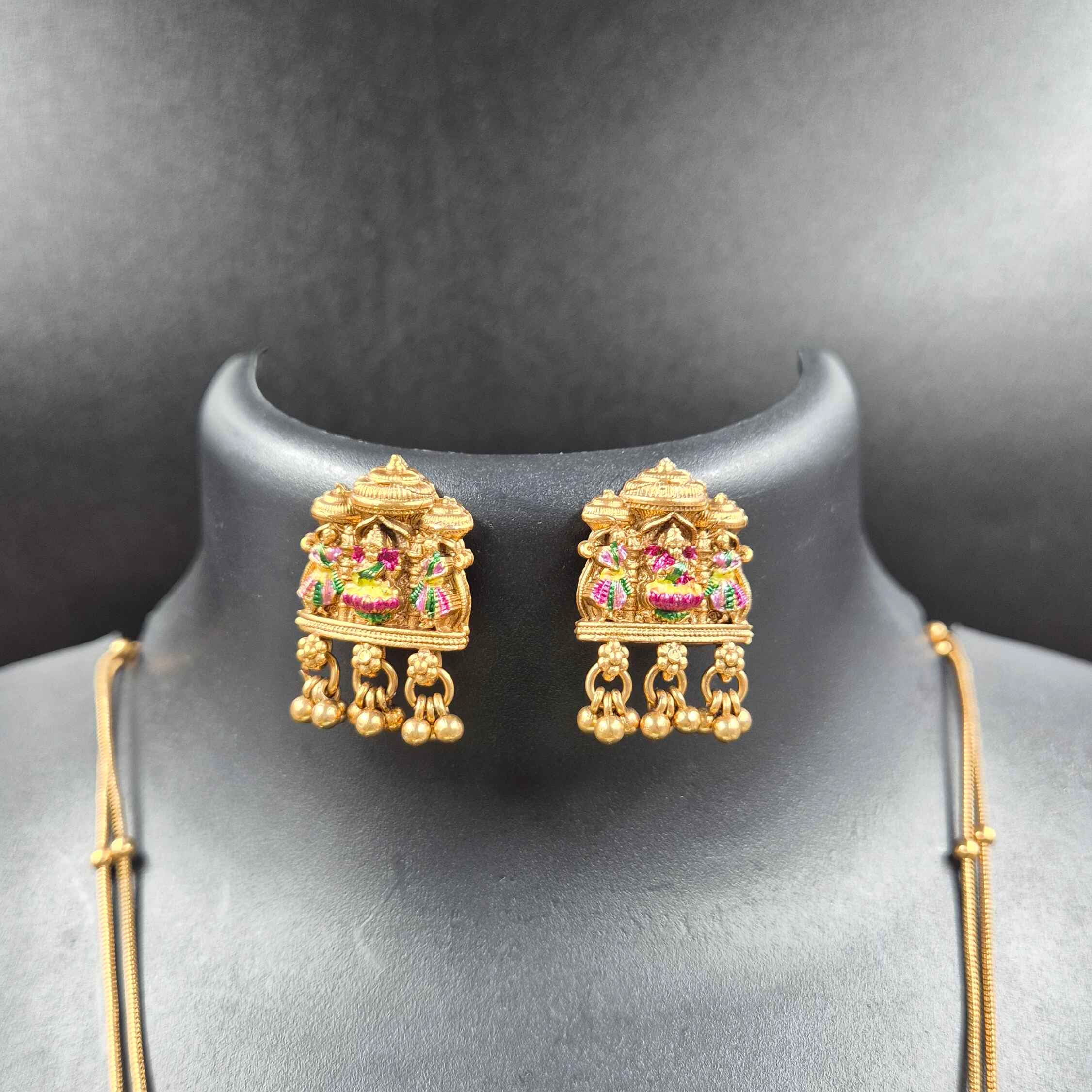 Antique Gold Temple Pendant Necklace Set with Multicolor Goddess Motif & Matching Jhumka Earrings