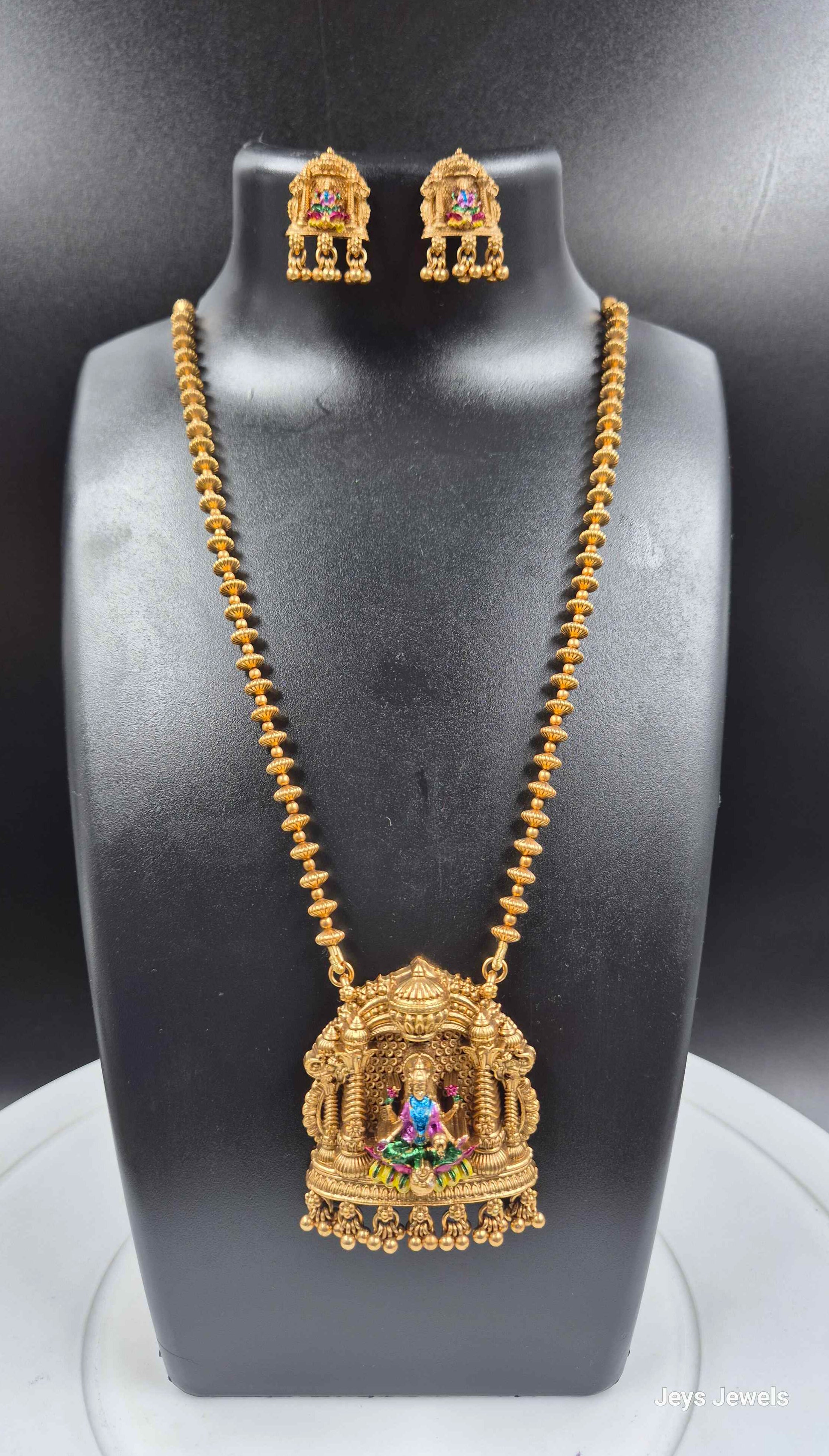 Antique Gold Lakshmi Temple Pendant Necklace Set with Matching Jhumka Earrings