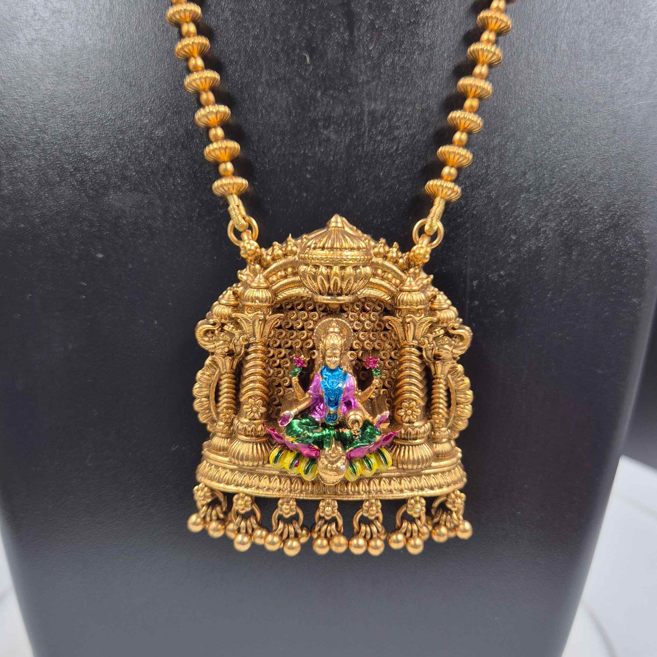 Antique Gold Lakshmi Temple Pendant Necklace Set with Matching Jhumka Earrings
