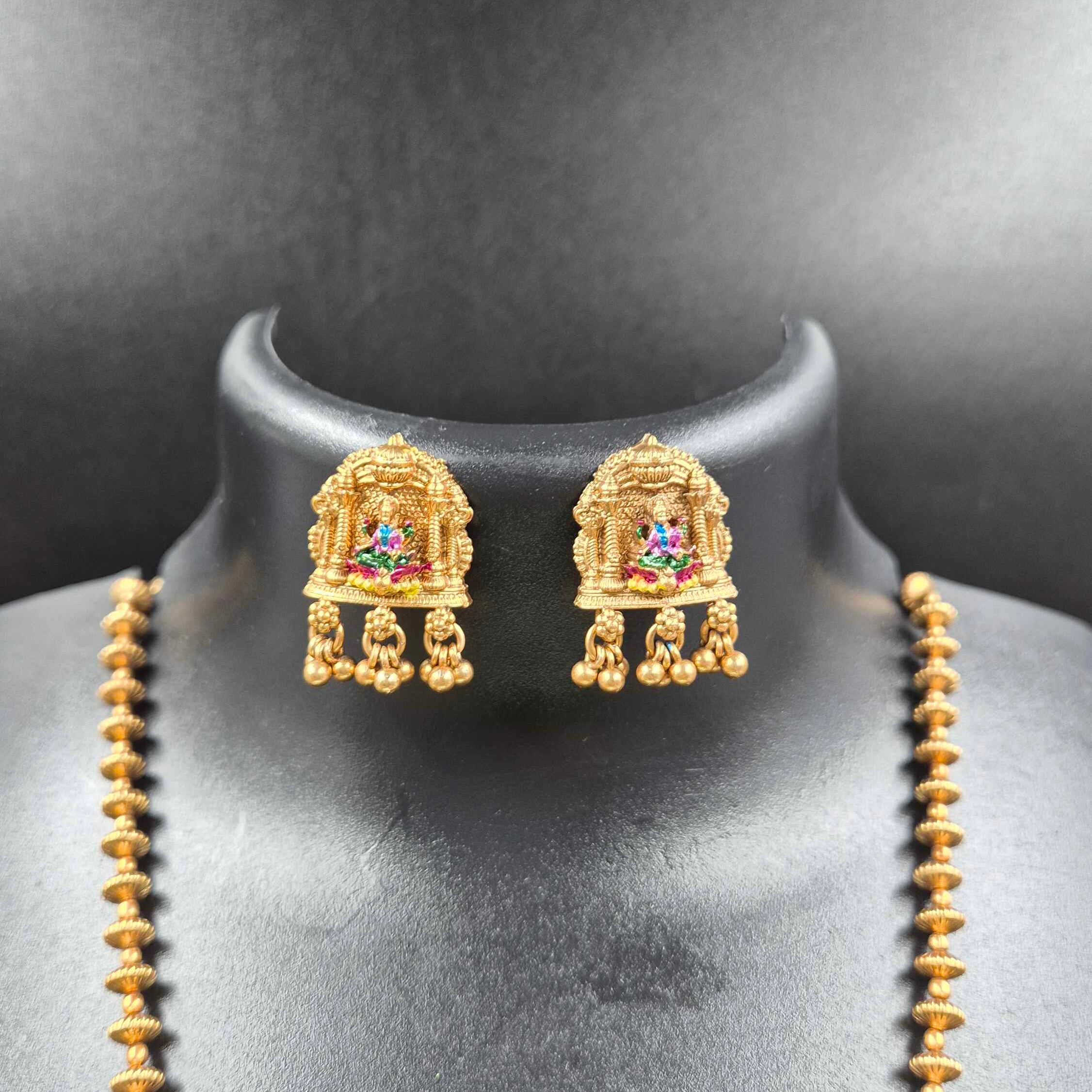 Antique Gold Lakshmi Temple Pendant Necklace Set with Matching Jhumka Earrings