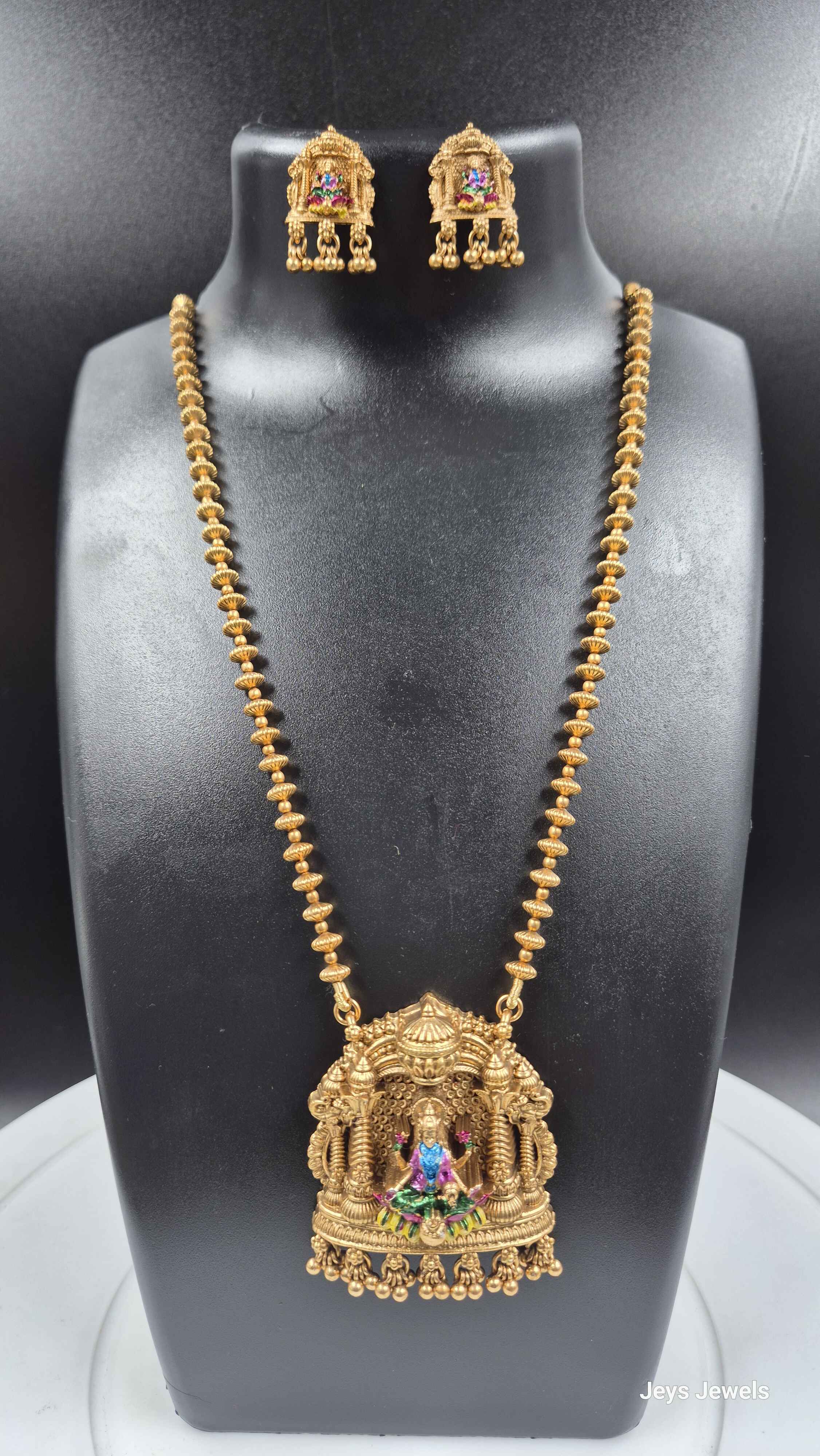 Antique Gold Lakshmi Temple Pendant Necklace Set with Matching Jhumka Earrings