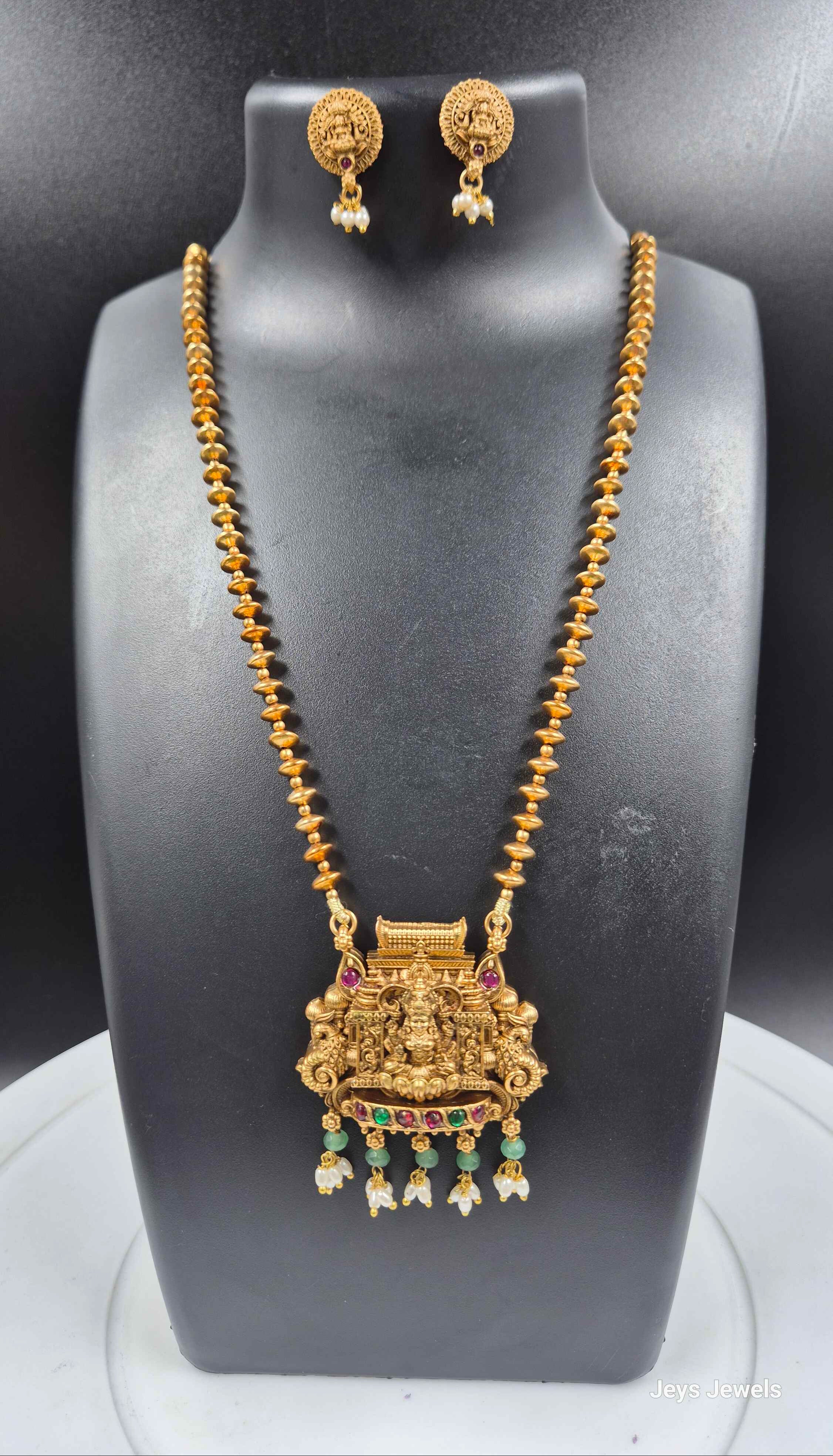 Antique Gold Lakshmi Temple Pendant Necklace Set with Pearl Danglers & Matching Earrings