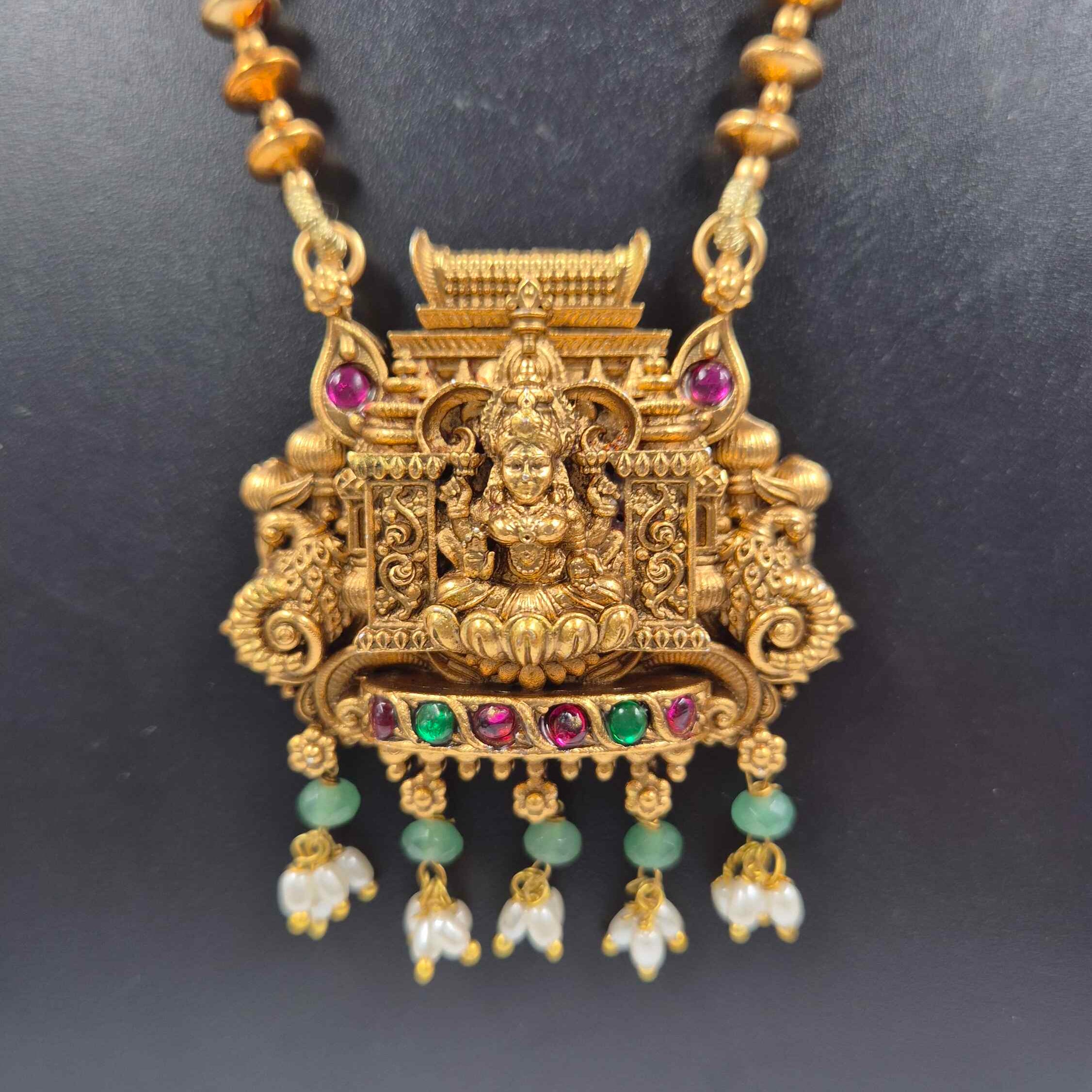 Antique Gold Lakshmi Temple Pendant Necklace Set with Pearl Danglers & Matching Earrings