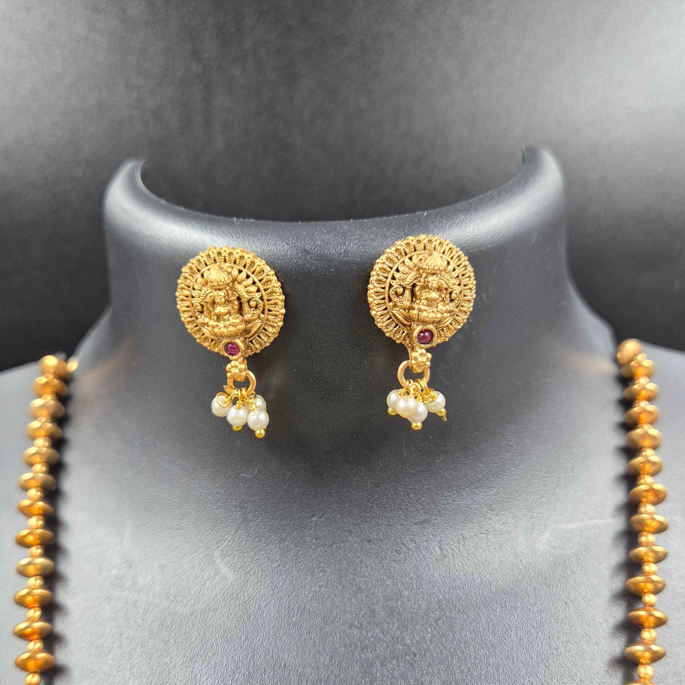 Antique Gold Lakshmi Temple Pendant Necklace Set with Pearl Danglers & Matching Earrings