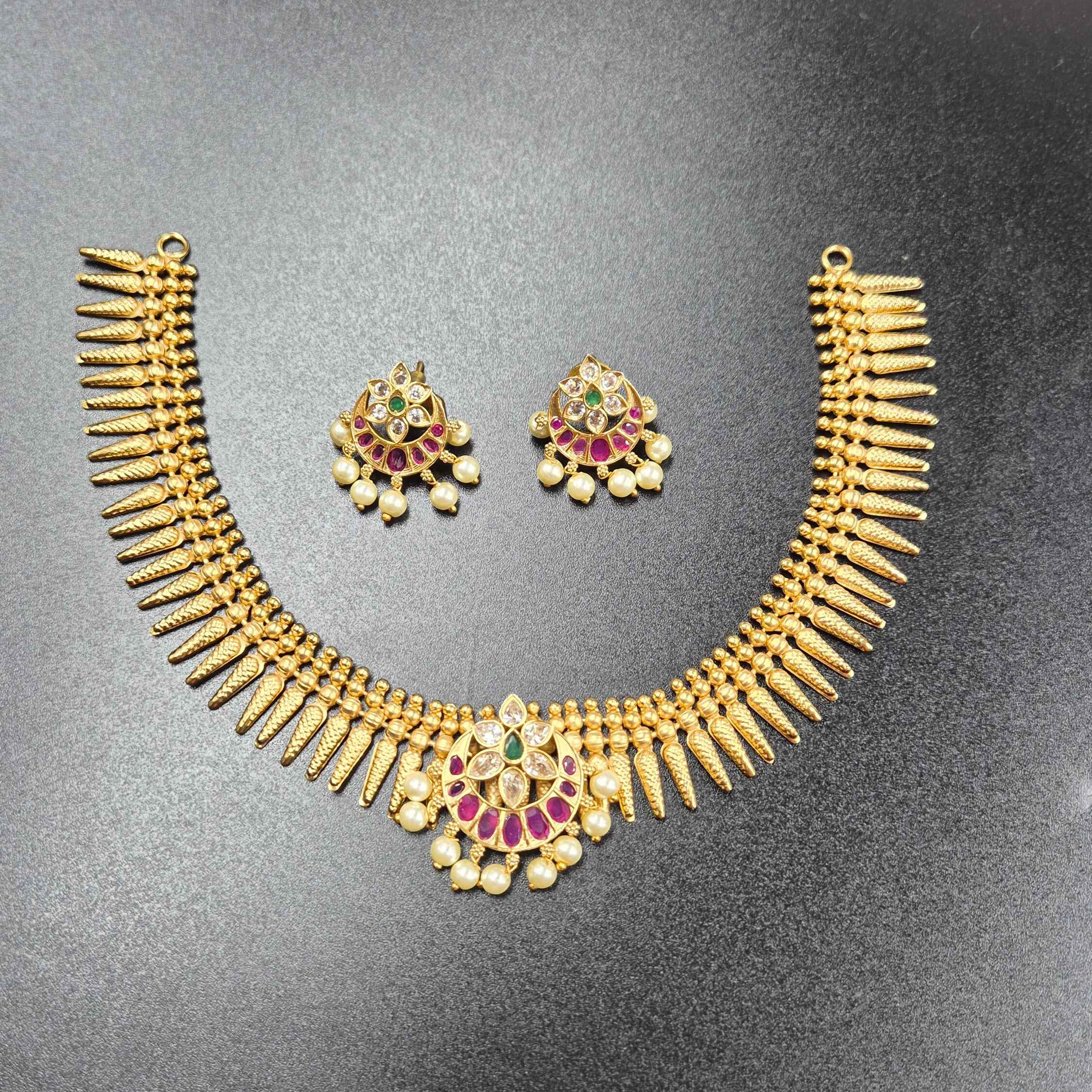 Kerala Pichi Mottu Necklace Set with Pearl Drops | Antique Gold Finish Traditional Bridal Jewellery