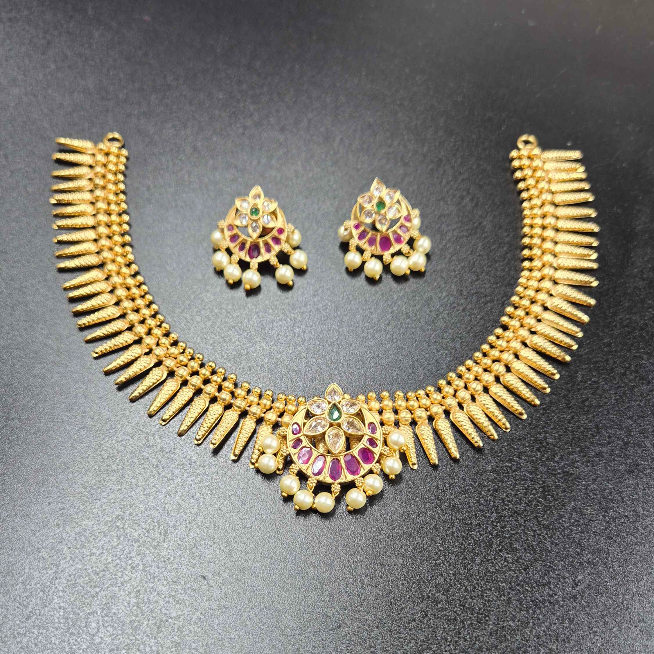 Kerala Pichi Mottu Necklace Set with Pearl Drops | Antique Gold Finish Traditional Bridal Jewellery