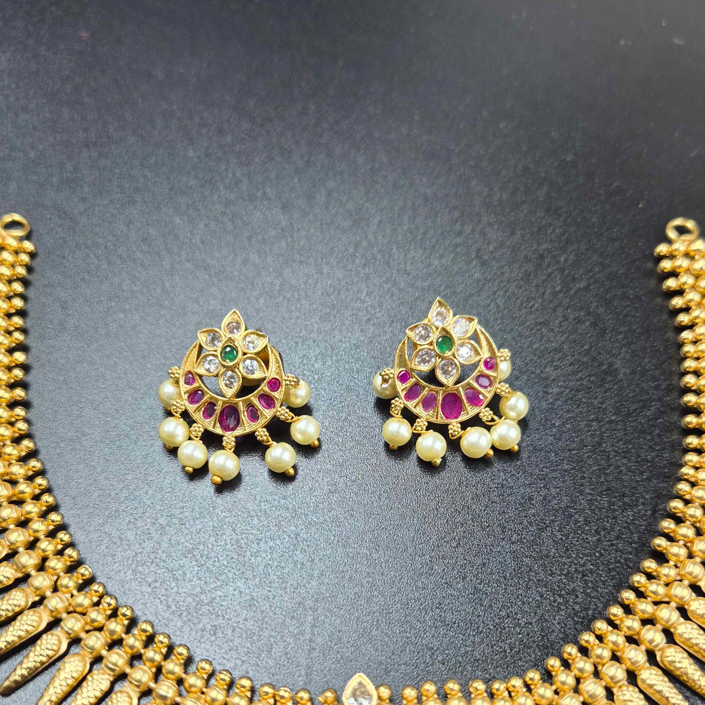 Kerala Pichi Mottu Necklace Set with Pearl Drops | Antique Gold Finish Traditional Bridal Jewellery