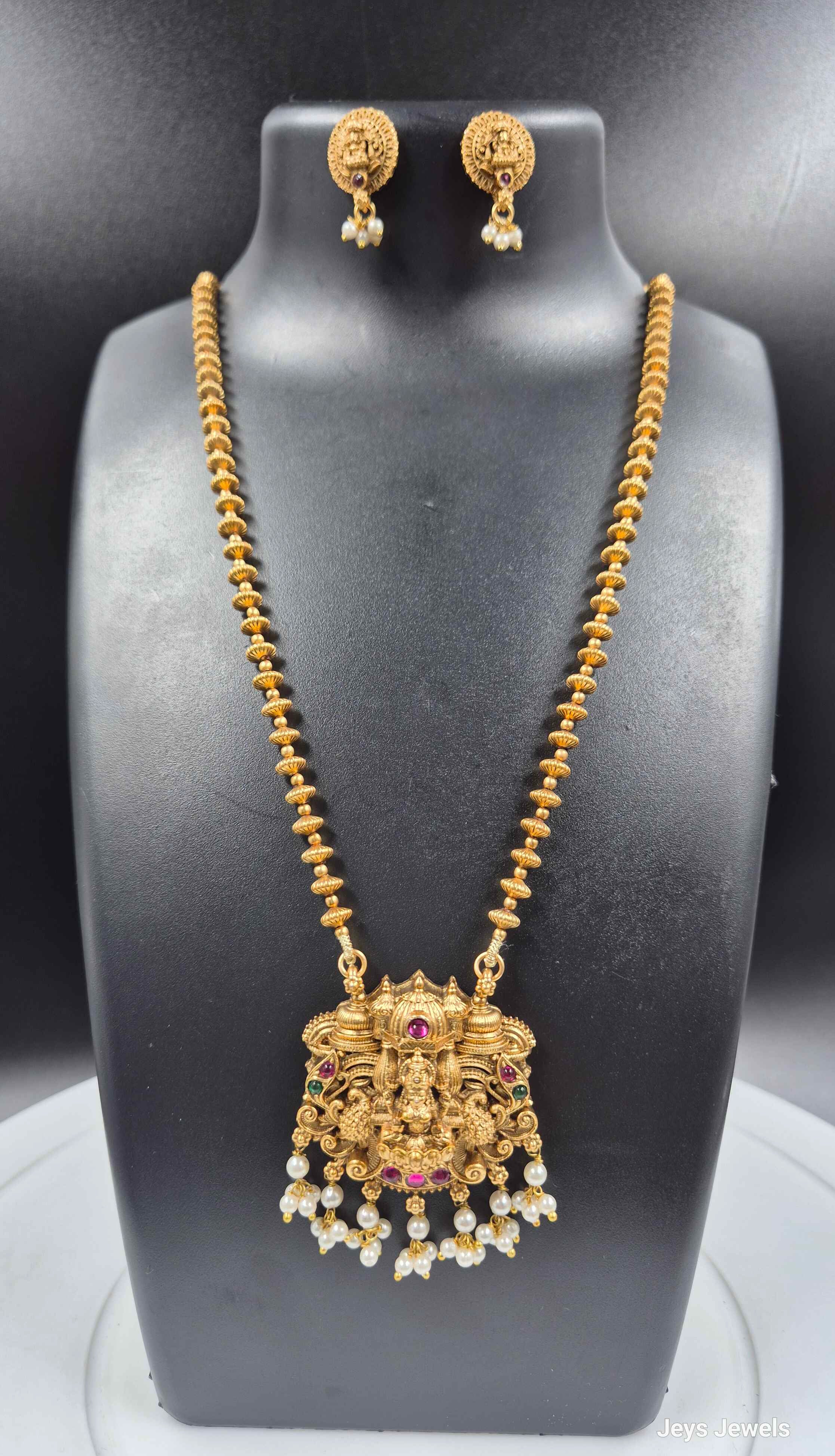 Traditional Lakshmi Temple Pendant Haram Set with Pearl Drops