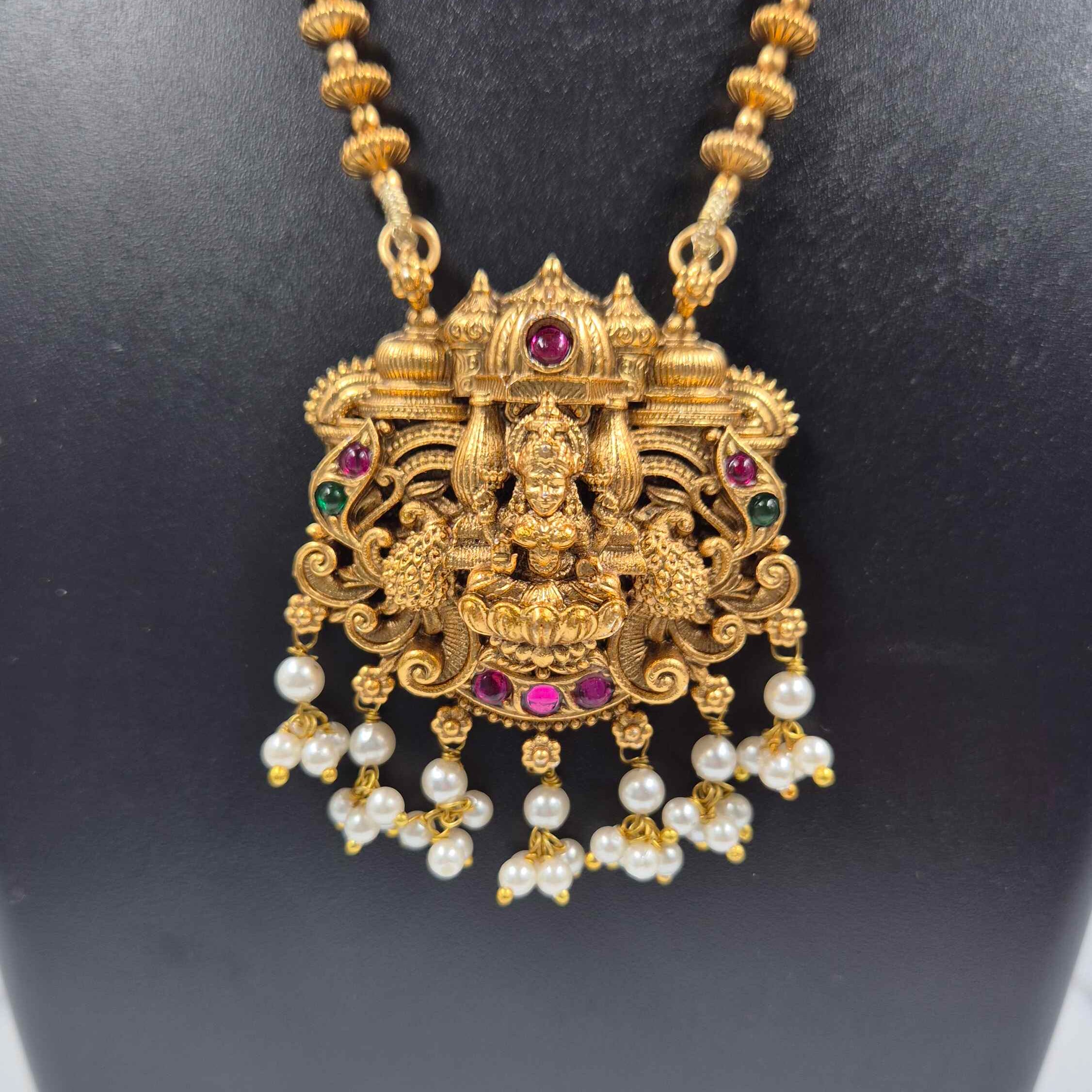 Traditional Lakshmi Temple Pendant Haram Set with Pearl Drops