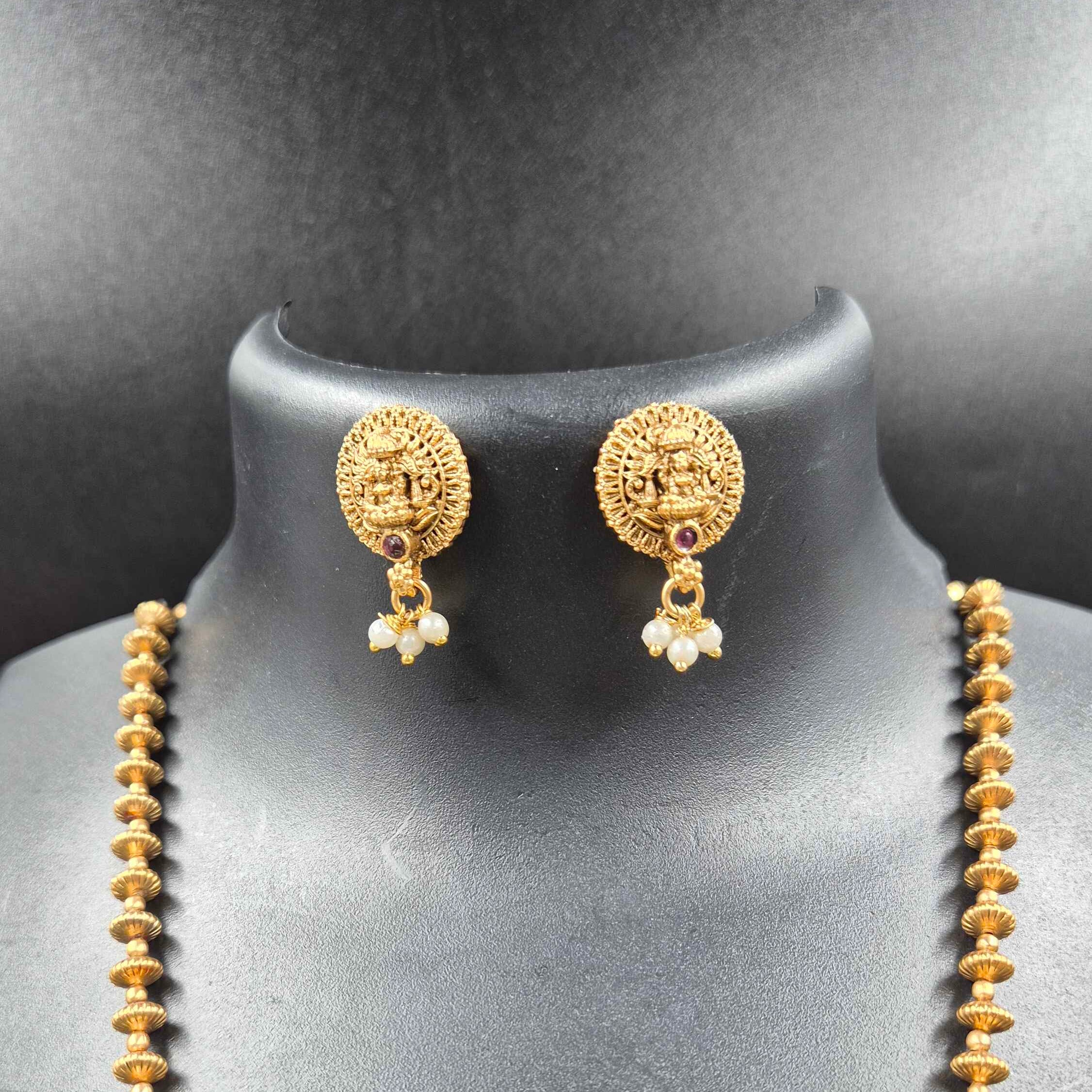 Traditional Lakshmi Temple Pendant Haram Set with Pearl Drops
