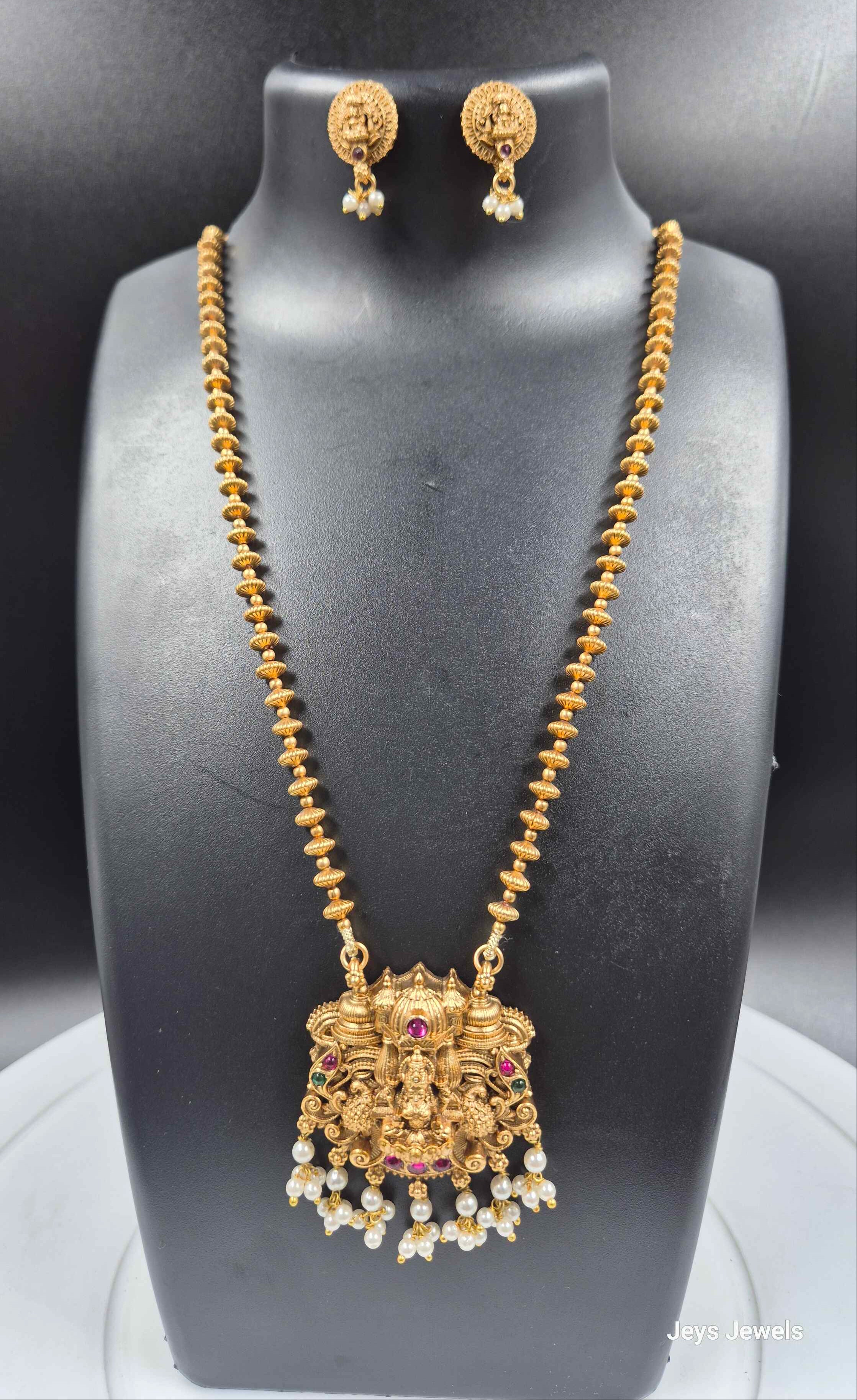 Lakshmi Pendant Long Haram Set with Pearl Drops | Antique Gold Finish Necklace & Stud Earrings