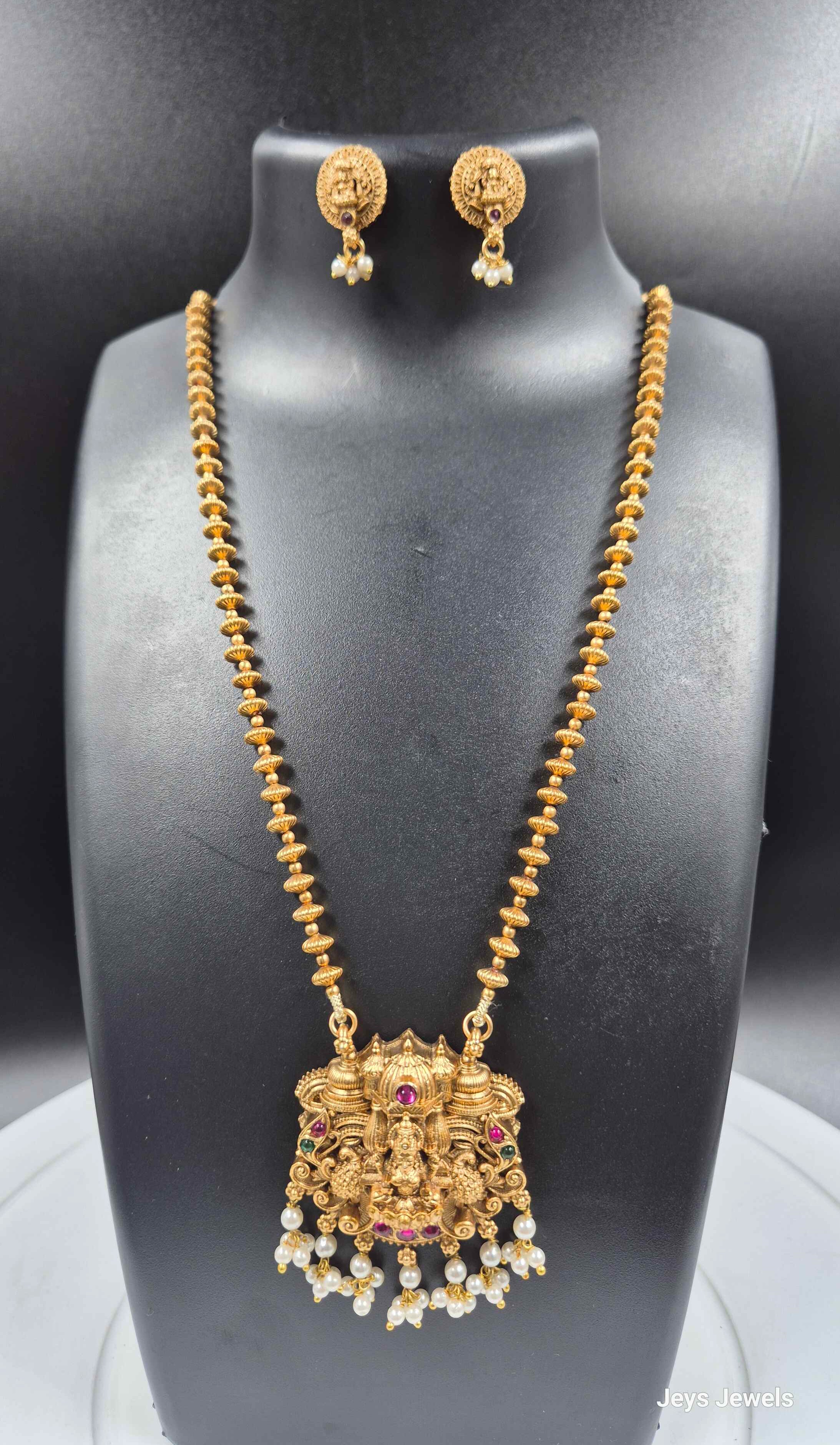 Traditional Lakshmi Temple Pendant Haram Set with Pearl Drops