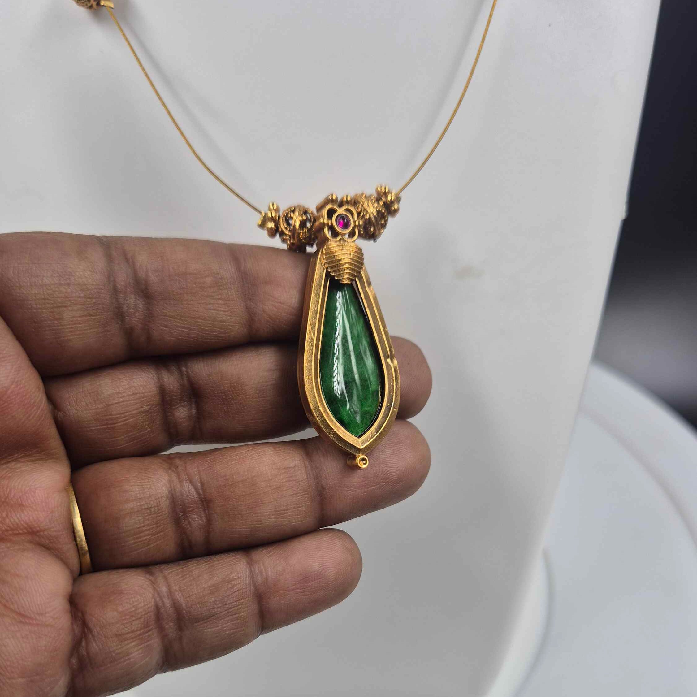 Single Green Pallaka Pendant with invisible chainNecklace Set with Matching Drop Earring