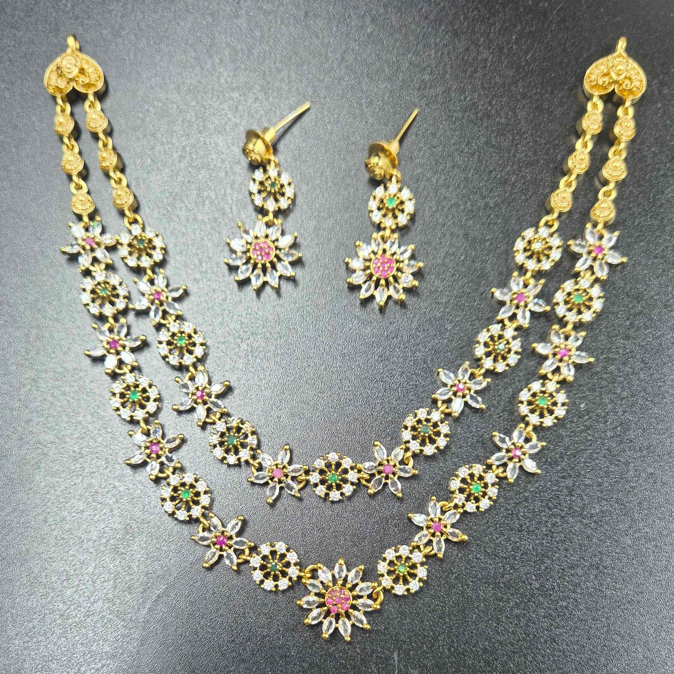 American Diamond Floral Anklet Set with Matching Stud Earrings