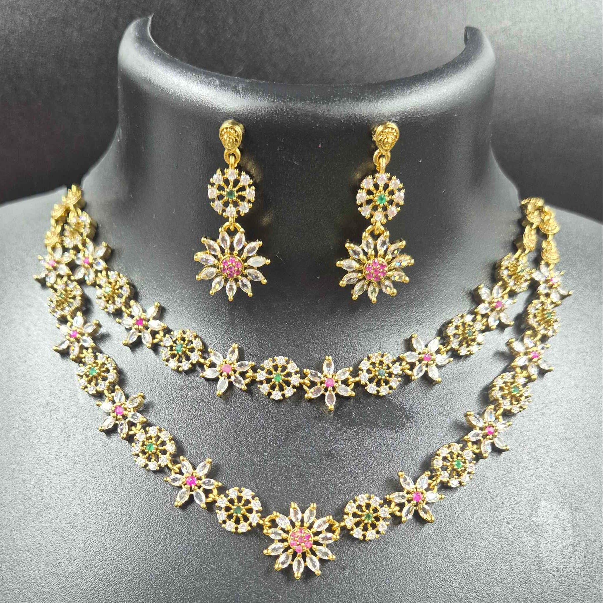 American Diamond Floral Anklet Set with Matching Stud Earrings