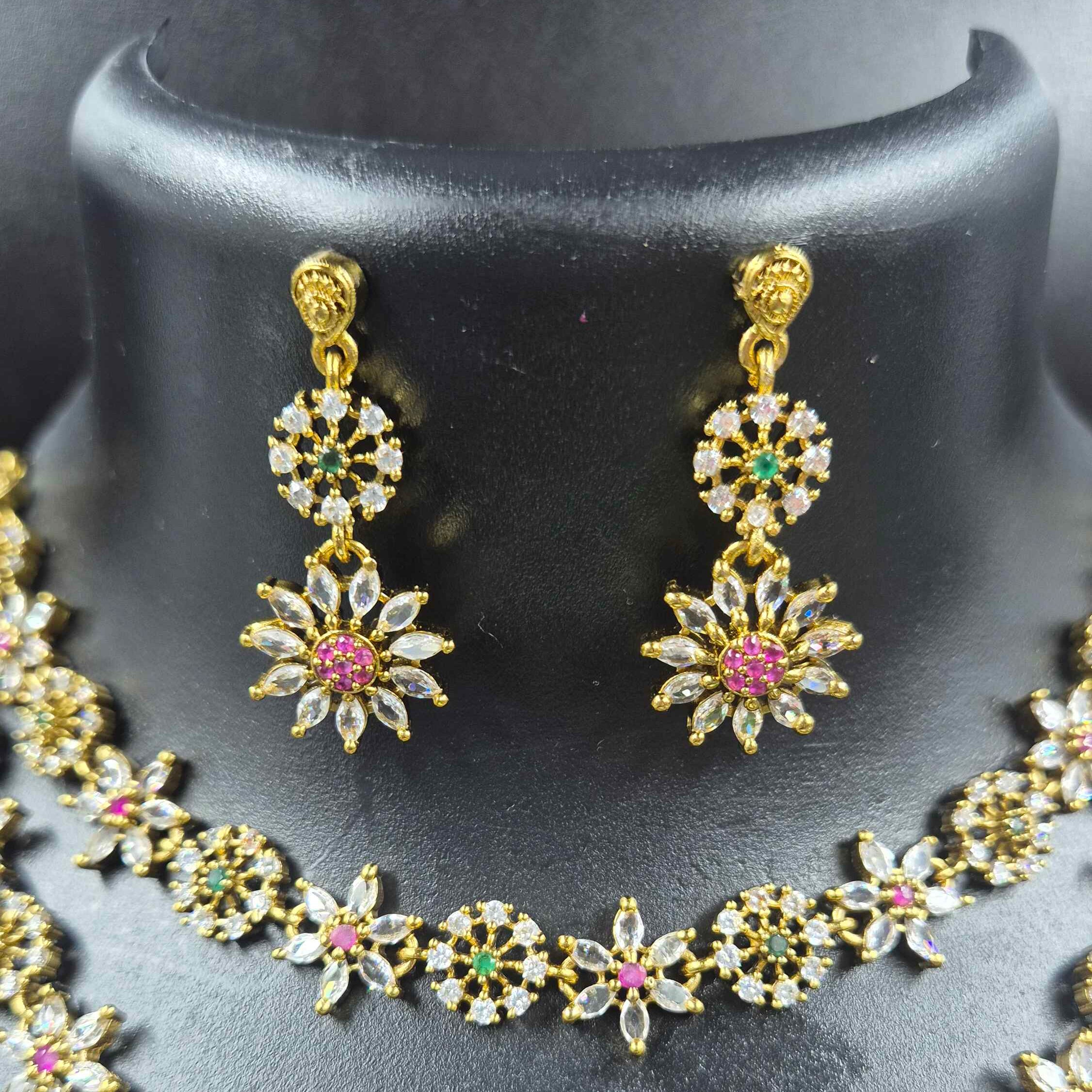 American Diamond Floral Anklet Set with Matching Stud Earrings
