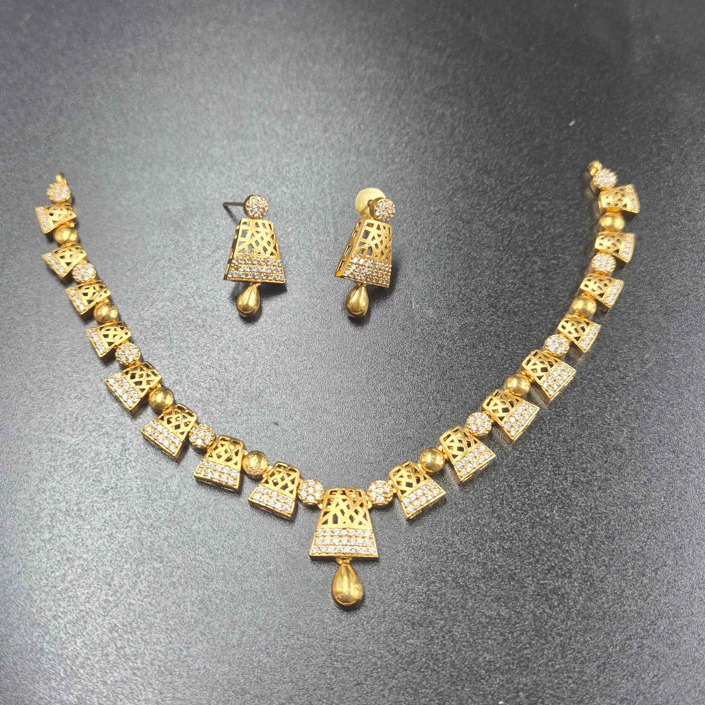 Gold Finish American Diamond Choker Necklace Set with Matching Drop Earrings