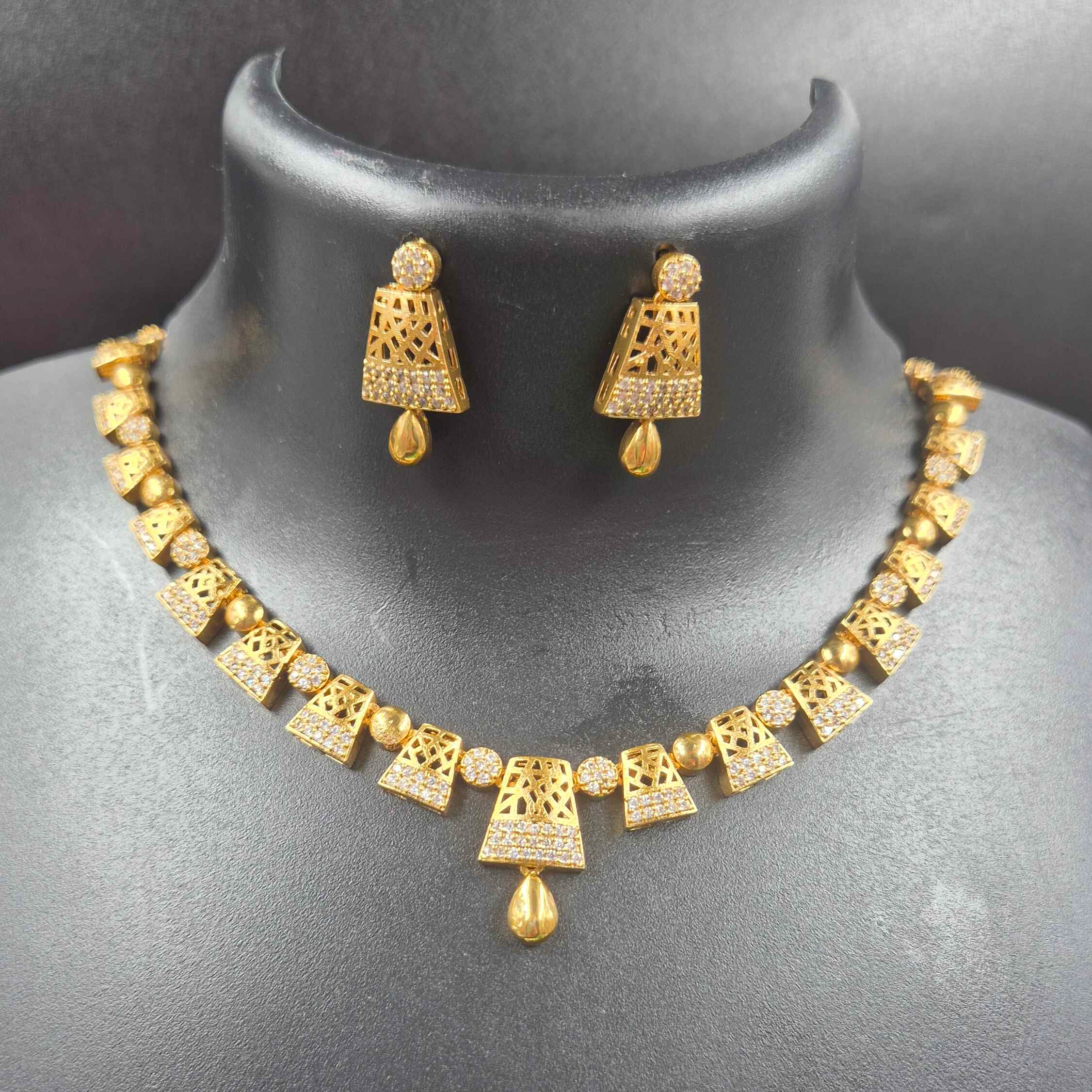 Gold Finish American Diamond Choker Necklace Set with Matching Drop Earrings