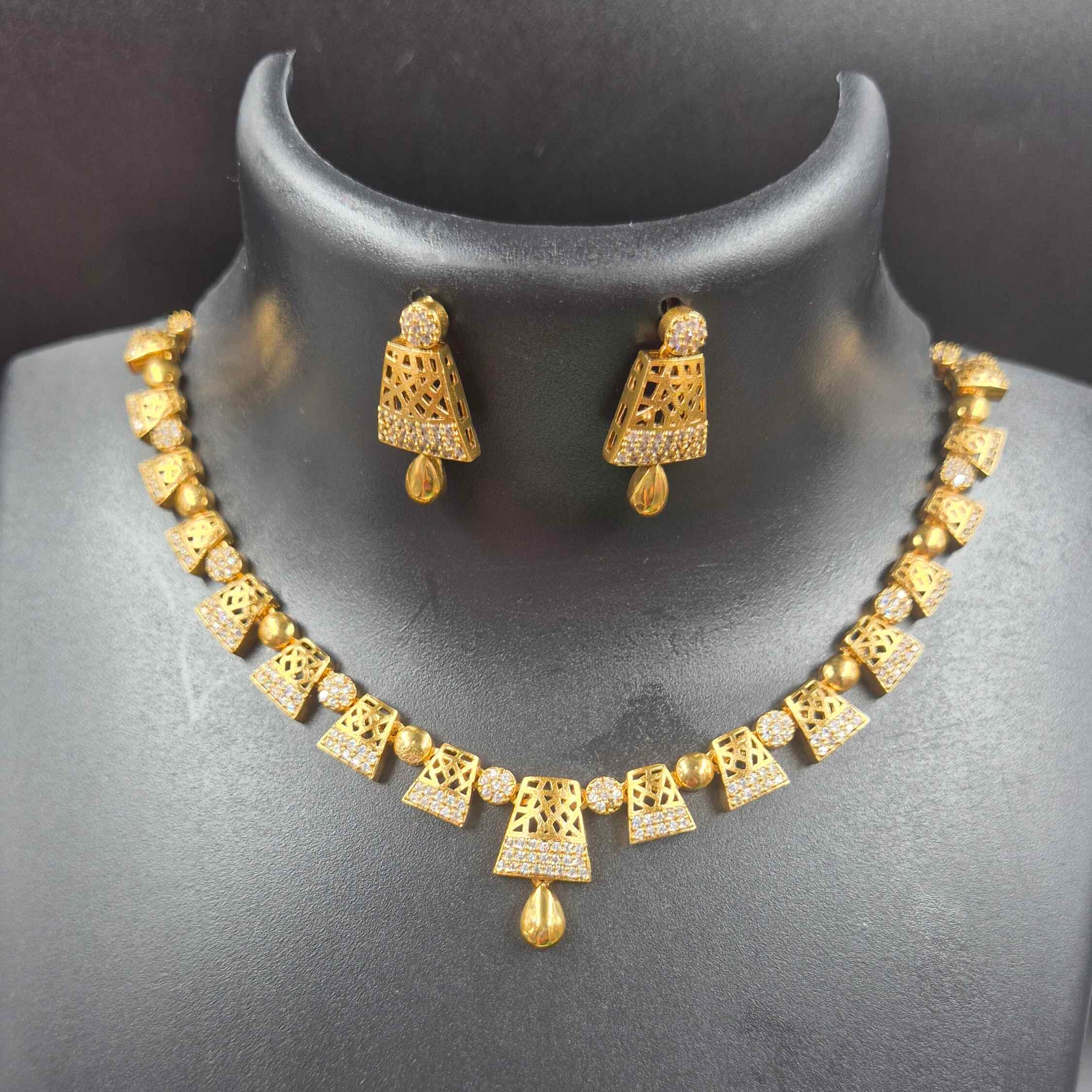 Gold Finish American Diamond Choker Necklace Set with Matching Drop Earrings