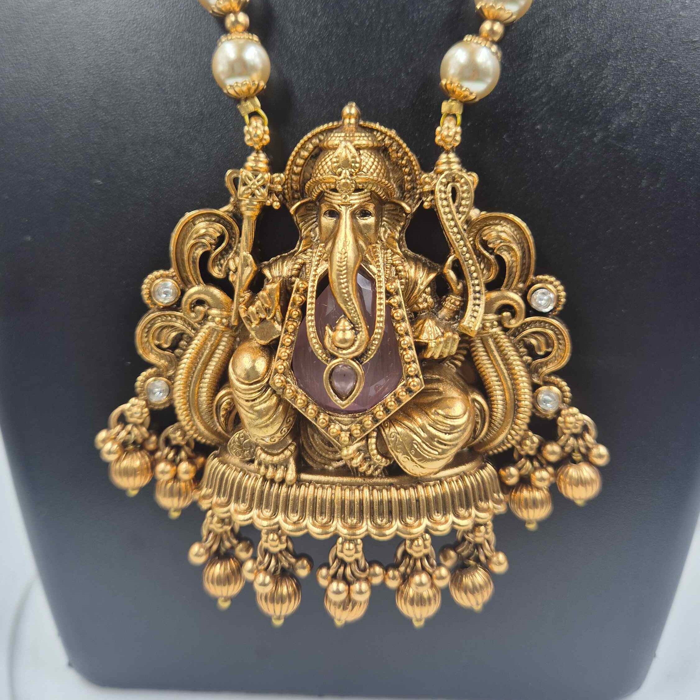 Antique Gold Ganesha Pearl Haram Necklace Set with Jhumkas